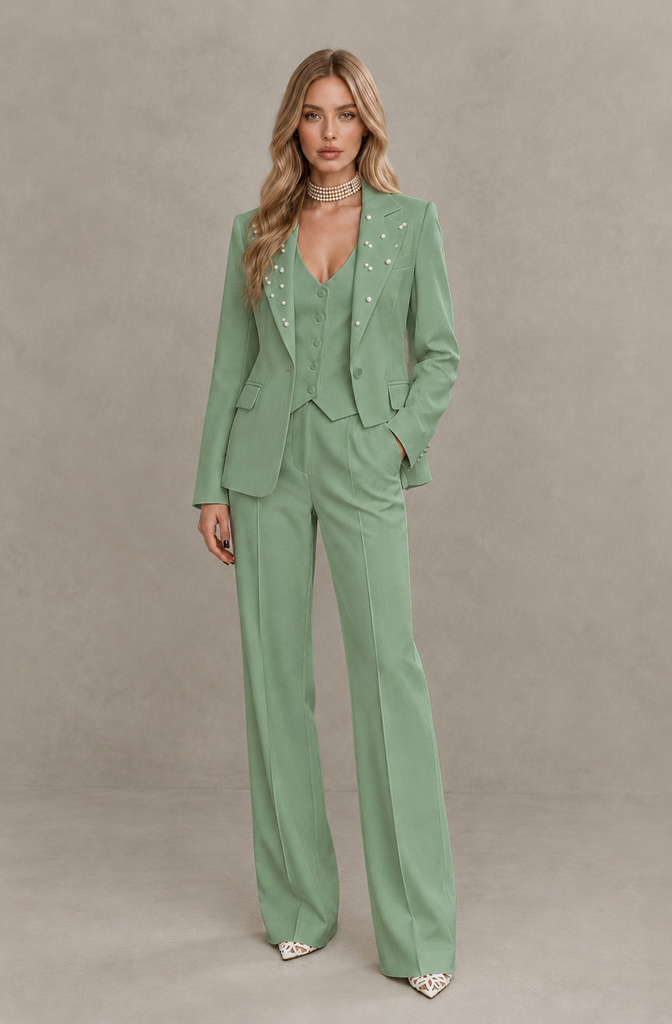 BOLODOO Sage Green Women's Three-Piece Pantsuit with Blazer & Vest - Sage Green - Sage Green_01