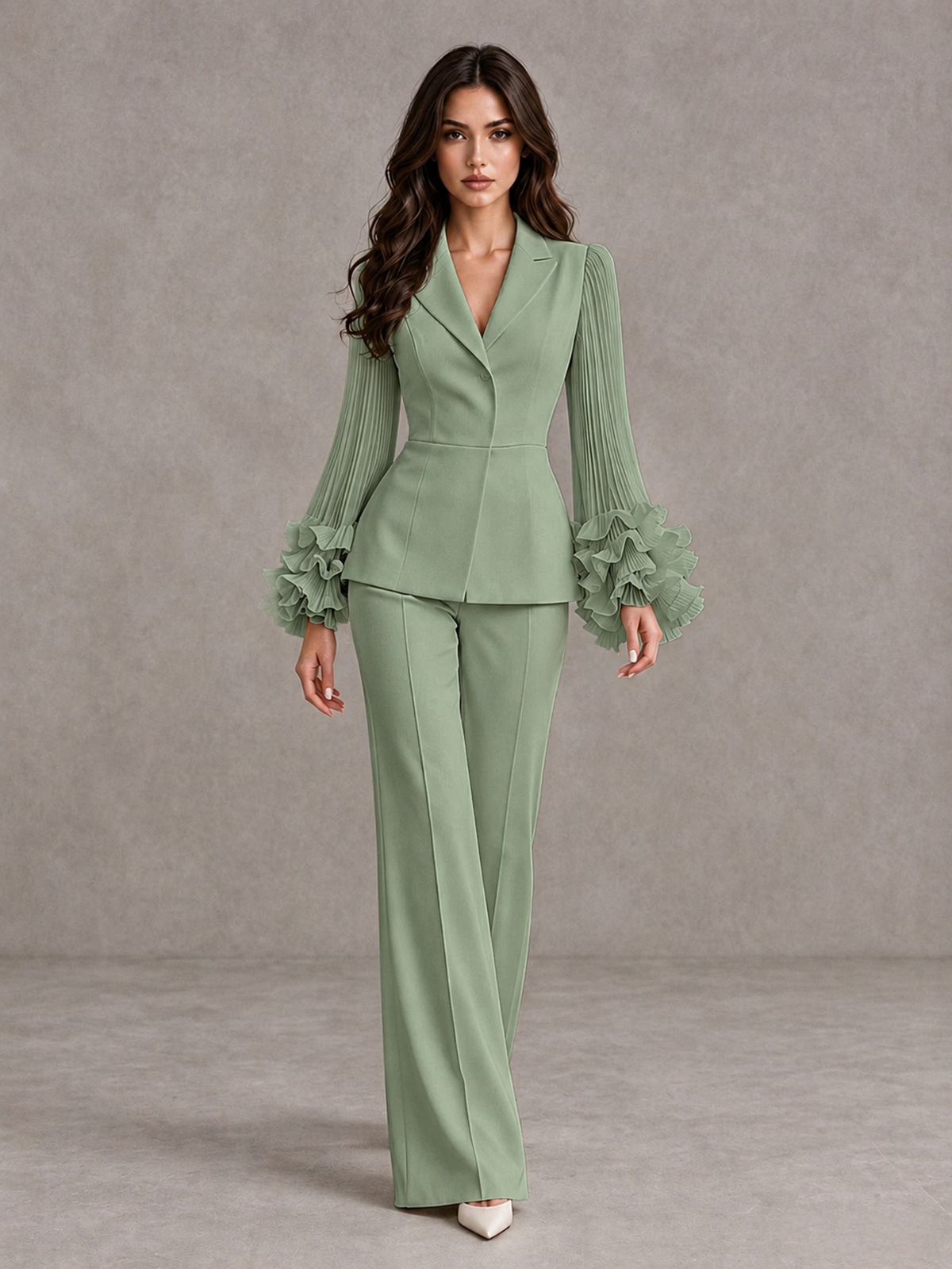 BOLODOO Sage Green Mother of the Bride Pant Suit – Pleated Long Sleeve Ruffle Cuff Wide Leg Trouser Suit - Sage Green - Sage Green_01