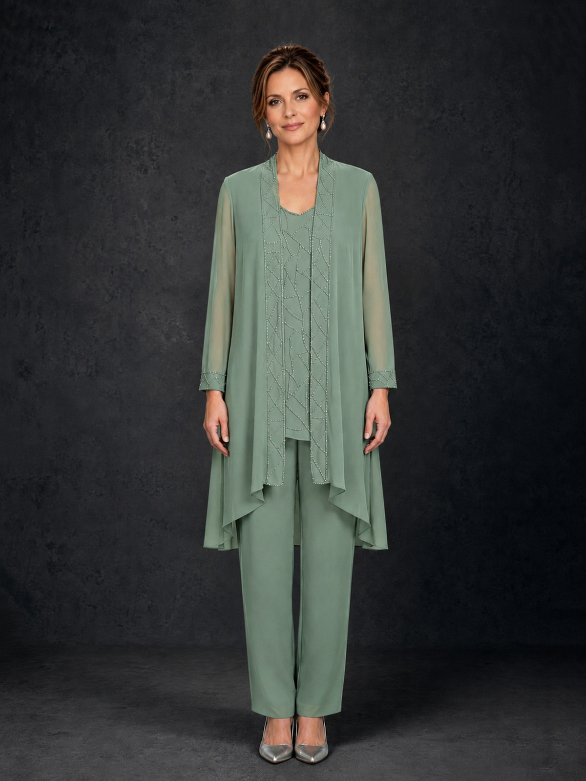 BOLODOO Sage Green 3-Piece Beaded Chiffon Duster Jacket Pant Suit - Sage Green - Sage Green_01