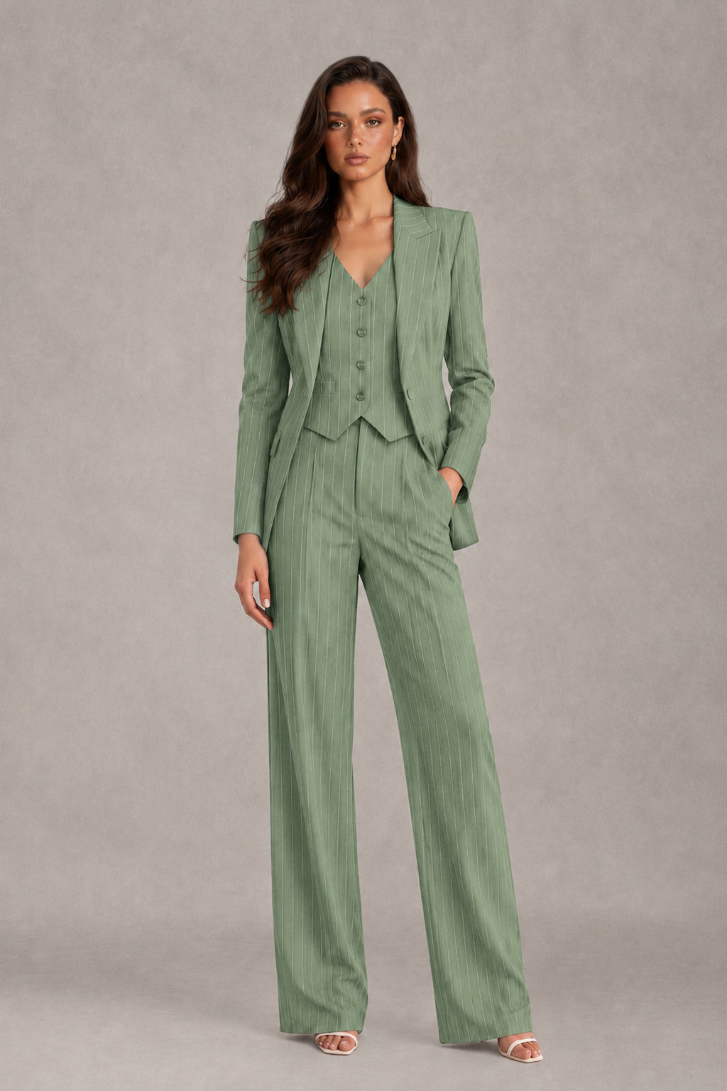 BOLODOO Women's Sage Green Pinstripe Three-Piece Pantsuit with Wide-Leg Trousers - Sage Green - Sage Green_01