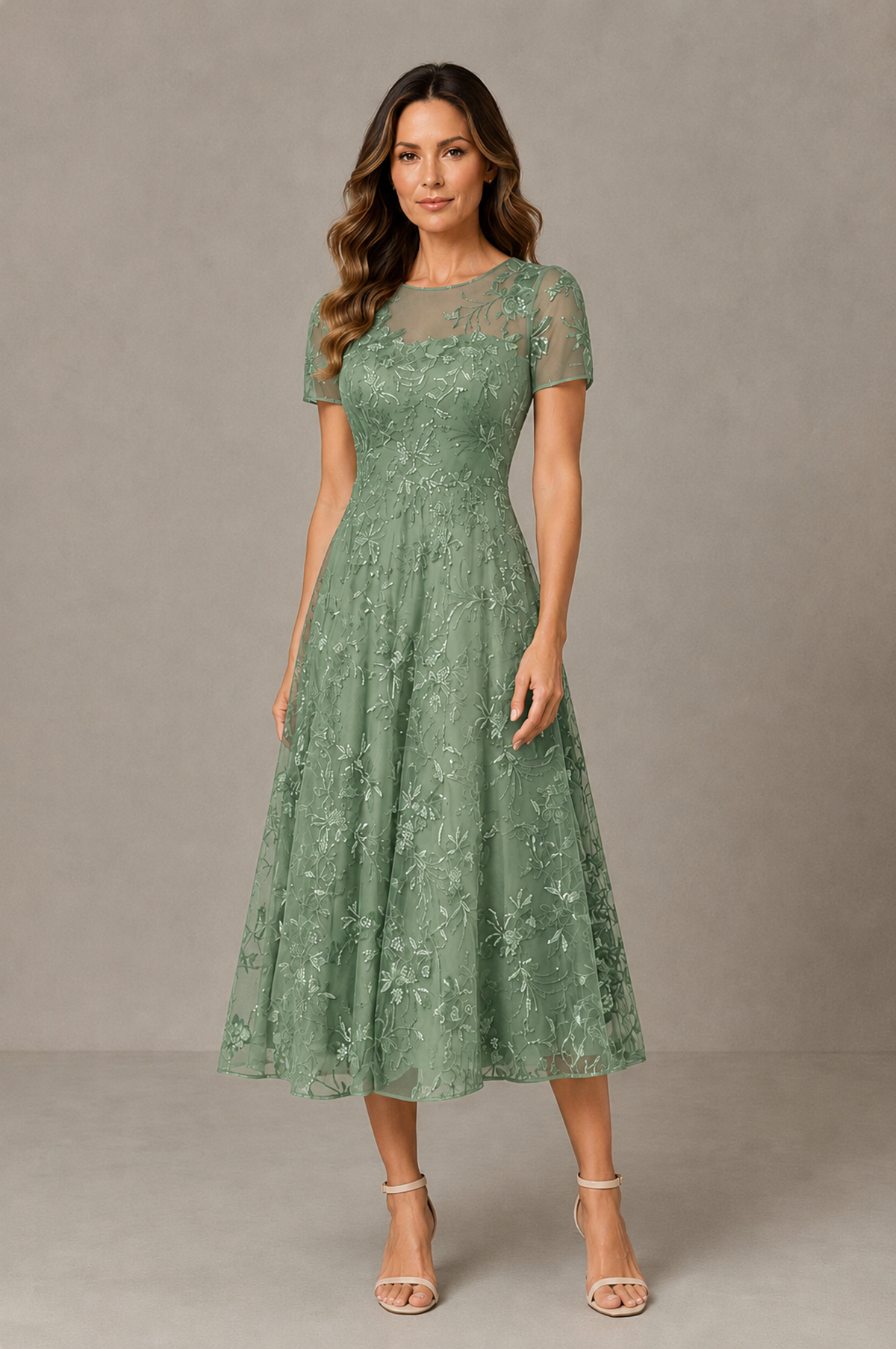 BOLODOO Sage Green Textured Floral A-Line Dress with Short Sleeves - Sage Green - Sage Green_01