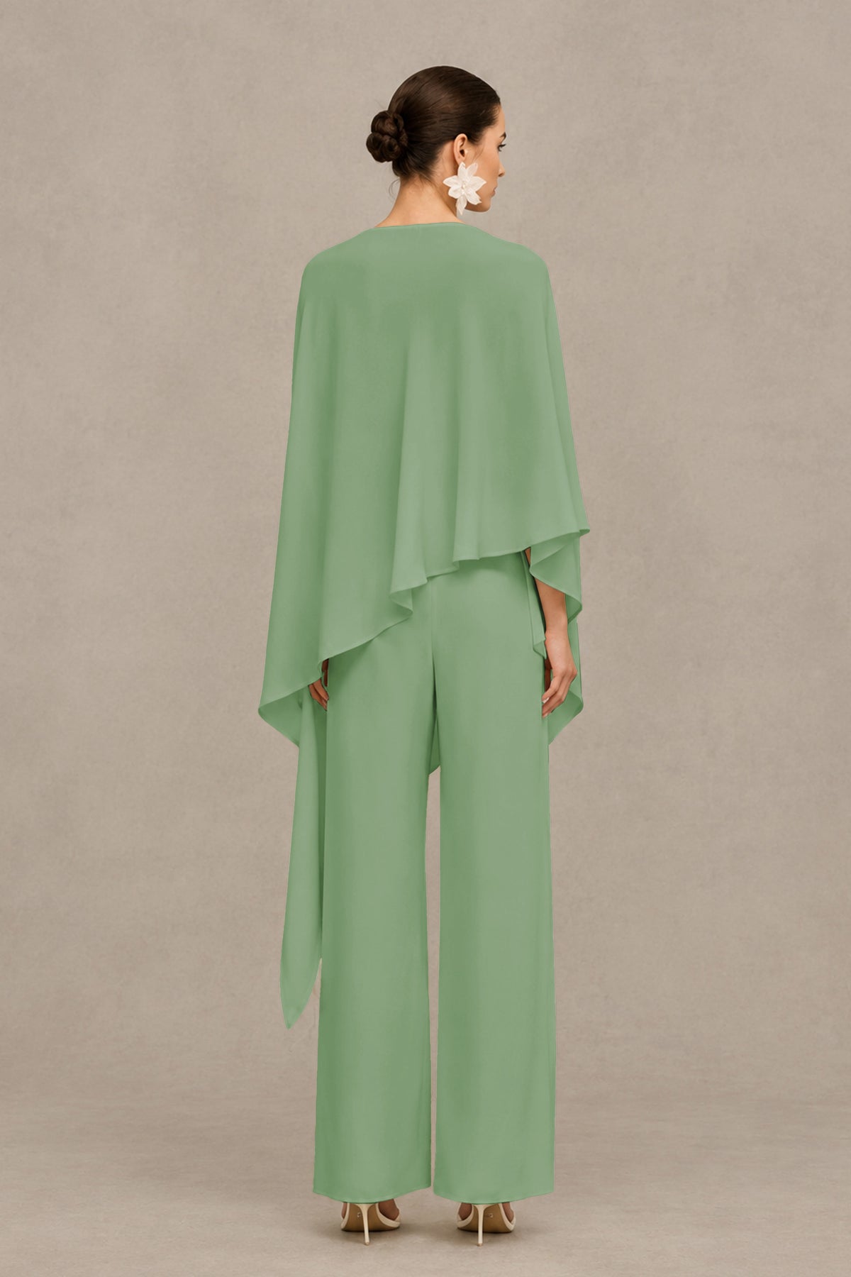 BOLODOO Sage Green Cape Sleeve Wide-Leg Formal Pantsuit - Sage Green - Sage Green_02