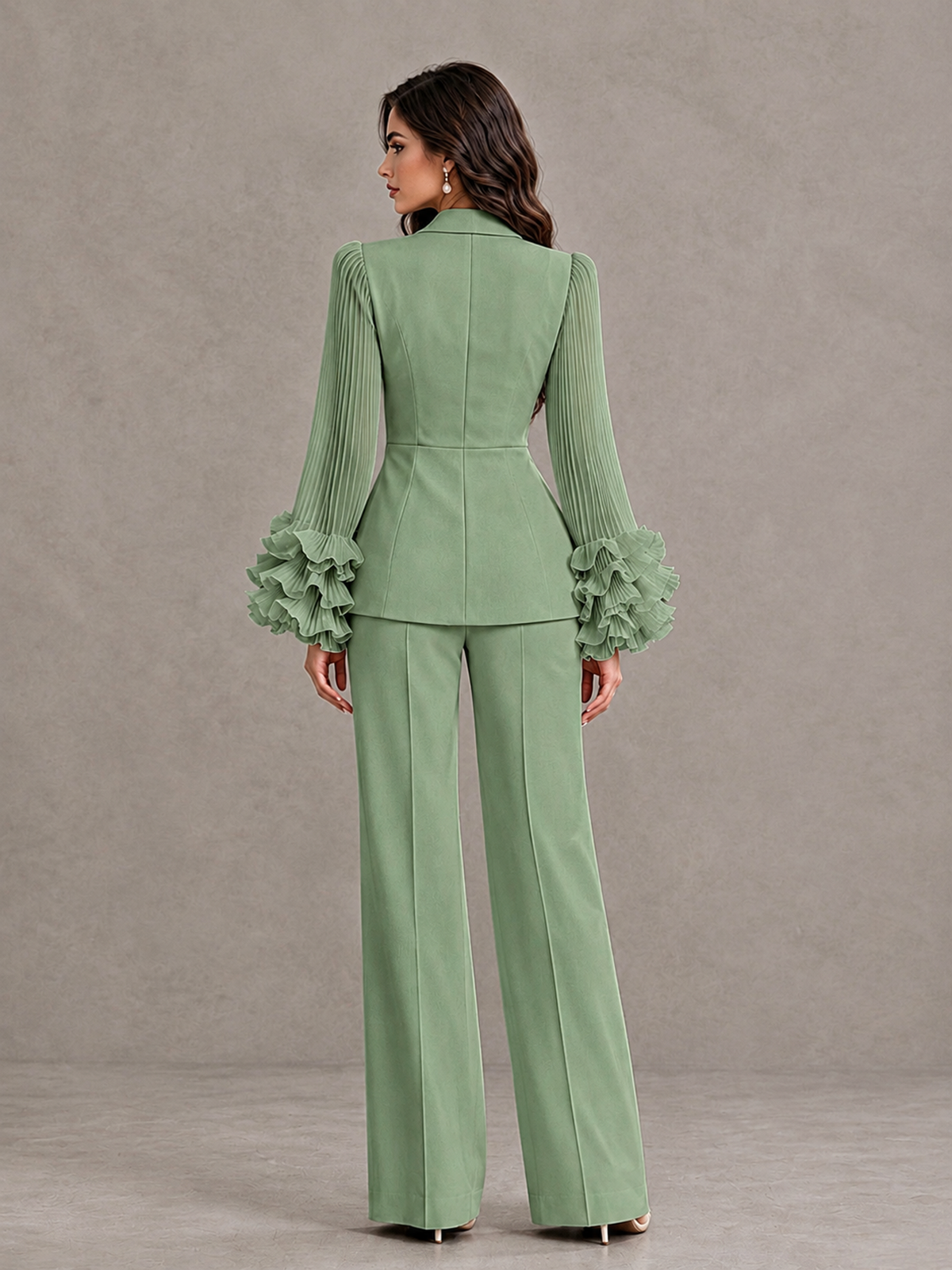 BOLODOO Sage Green Mother of the Bride Pant Suit – Pleated Long Sleeve Ruffle Cuff Wide Leg Trouser Suit - Sage Green - Sage Green_02