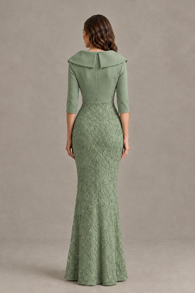 BOLODOO Sage Green Three-Quarter Sleeve Mermaid Evening Dress with Floral Detail - Sage Green - Sage Green_02