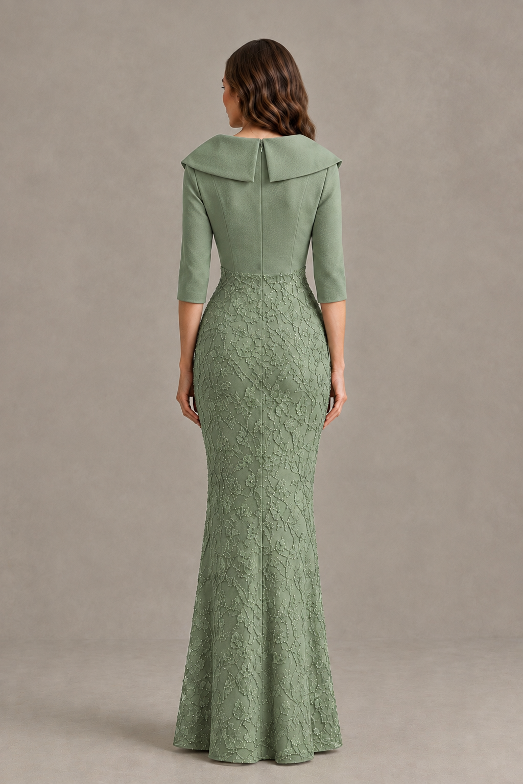 BOLODOO Sage Green Three-Quarter Sleeve Mermaid Evening Dress with Floral Detail - Sage Green - Sage Green_02