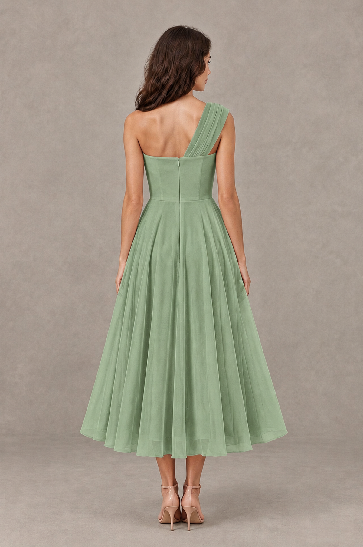 BOLODOO Sage Green One-Shoulder Floral Tulle Tea-Length Dress - Sage Green - Sage Green_02
