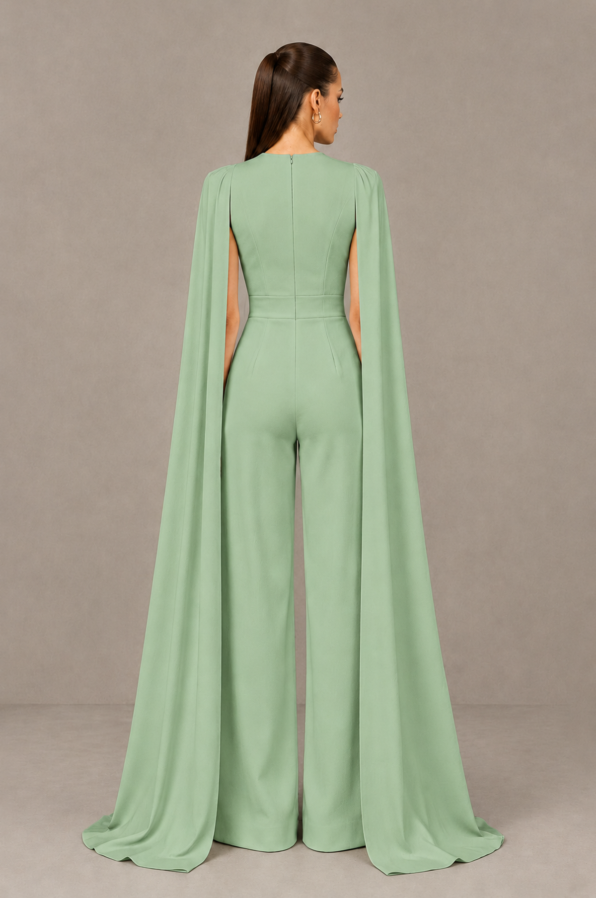 BOLODOO Sage Green Deep V-Neck Cape Sleeve Bridal Jumpsuit - Sage Green - Sage Green_02