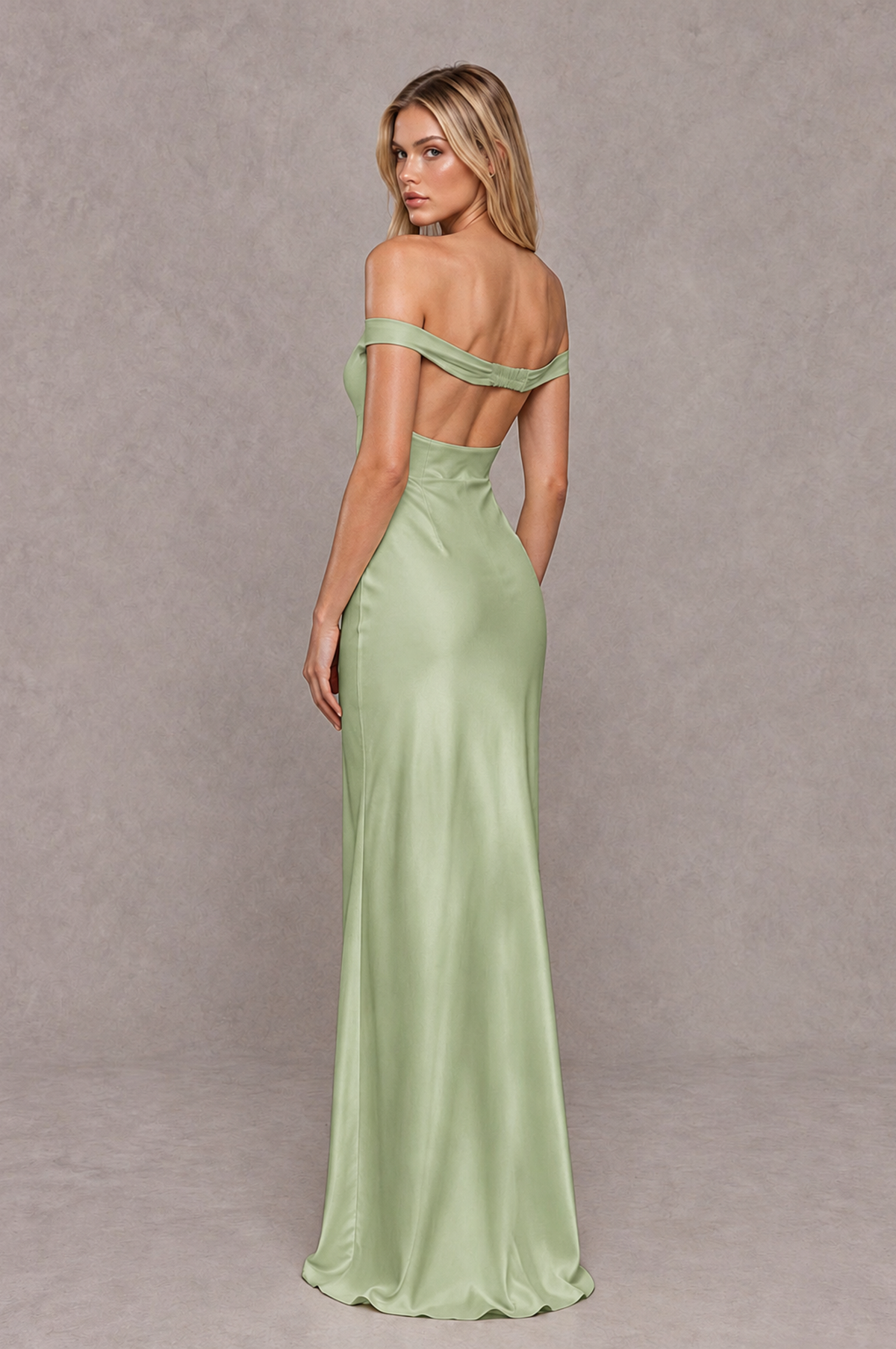 BOLODOO Sage Green Off-Shoulder Open-Back Satin Evening Gown - Sage Green - Sage Green_02