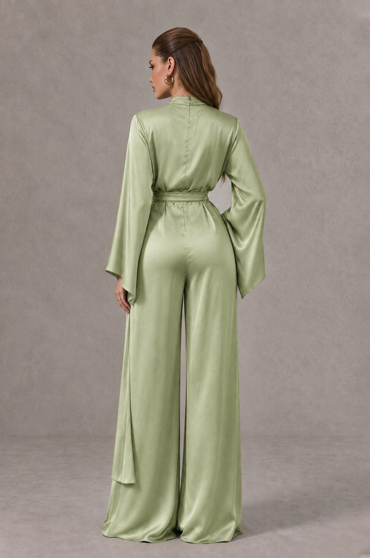 BOLODOO Sage Green Satin-Look Long Sleeve Wide-Leg Jumpsuit - Sage Green - Sage Green_02
