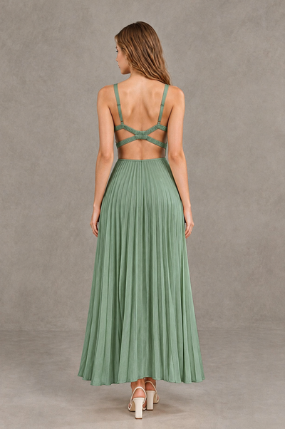 BOLODOO Sage Green V-Neck Pleated Open-Back Maxi Dress - Sage Green - Sage Green_02