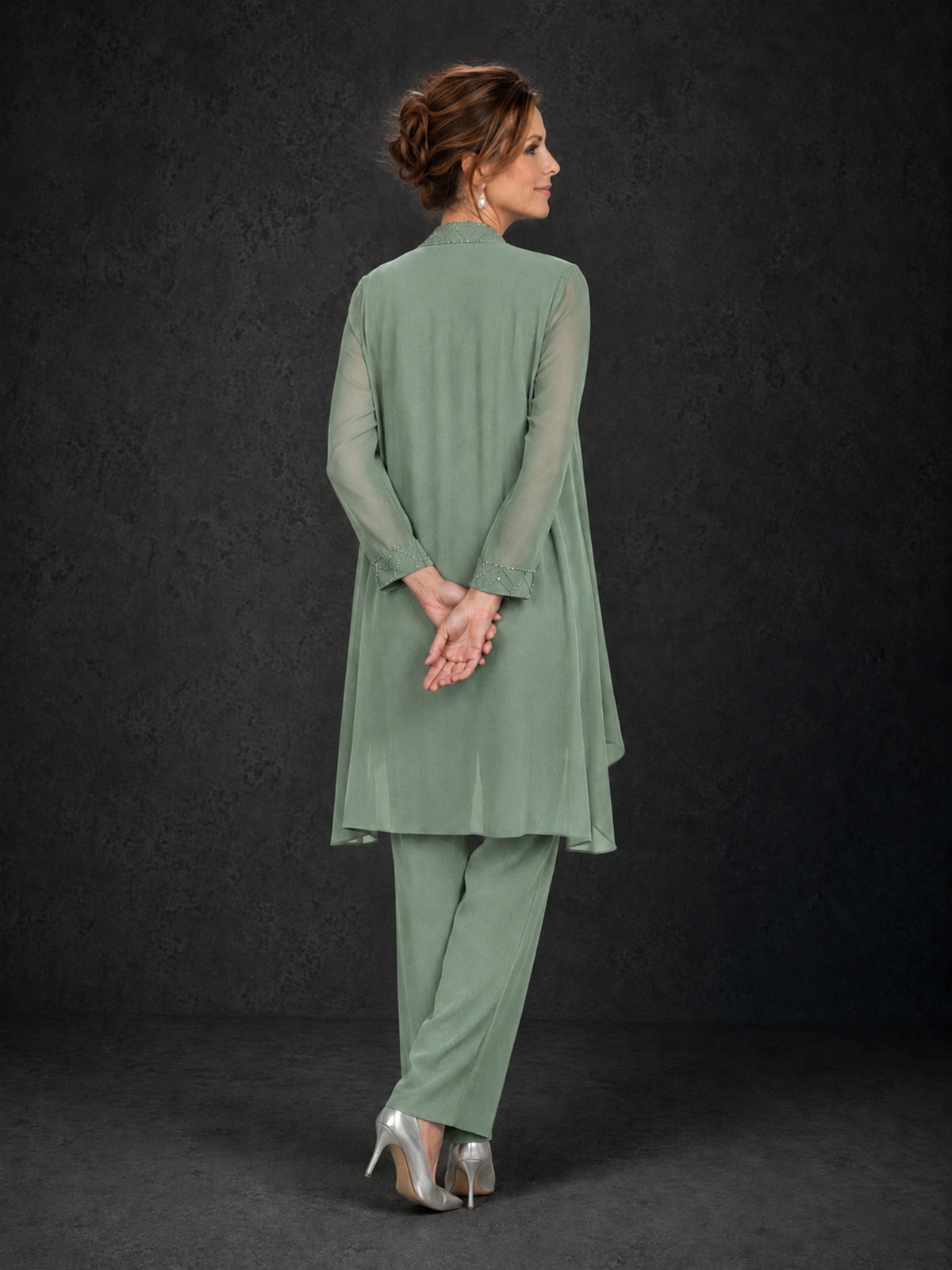 BOLODOO Sage Green 3-Piece Beaded Chiffon Duster Jacket Pant Suit - Sage Green - Sage Green_02