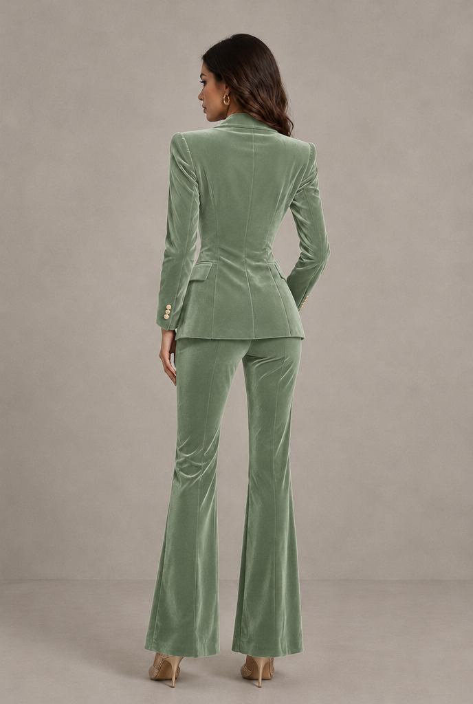 BOLODOO Sage Green Velvet Double-Breasted Blazer & Pants Two-Piece Suit - Sage Green - Sage Green_02