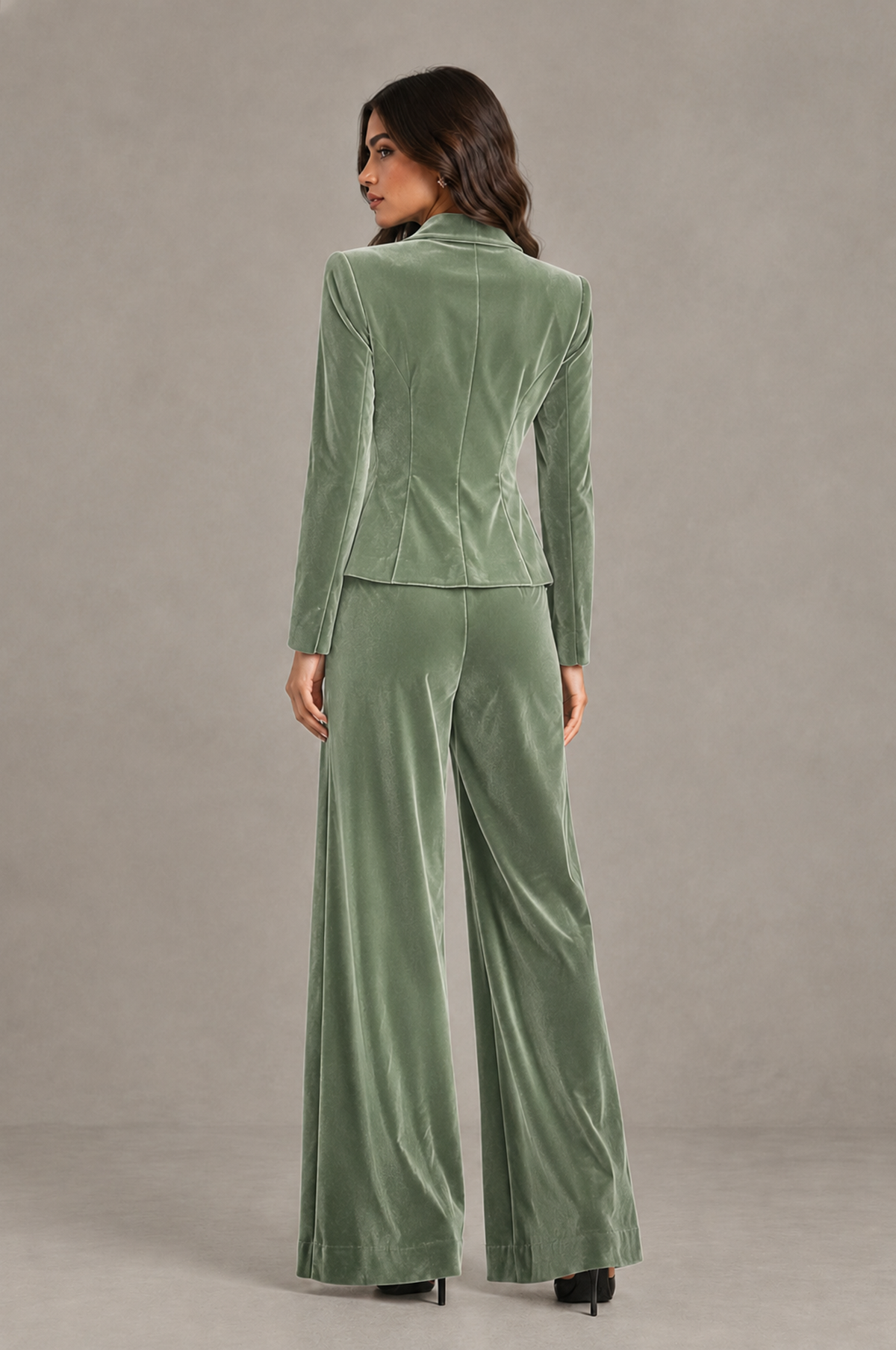 BOLODOO Sage Green Velvet Two-Piece Pantsuit with Long Sleeve Blazer & Wide-Leg Trousers - Sage Green - Sage Green_02