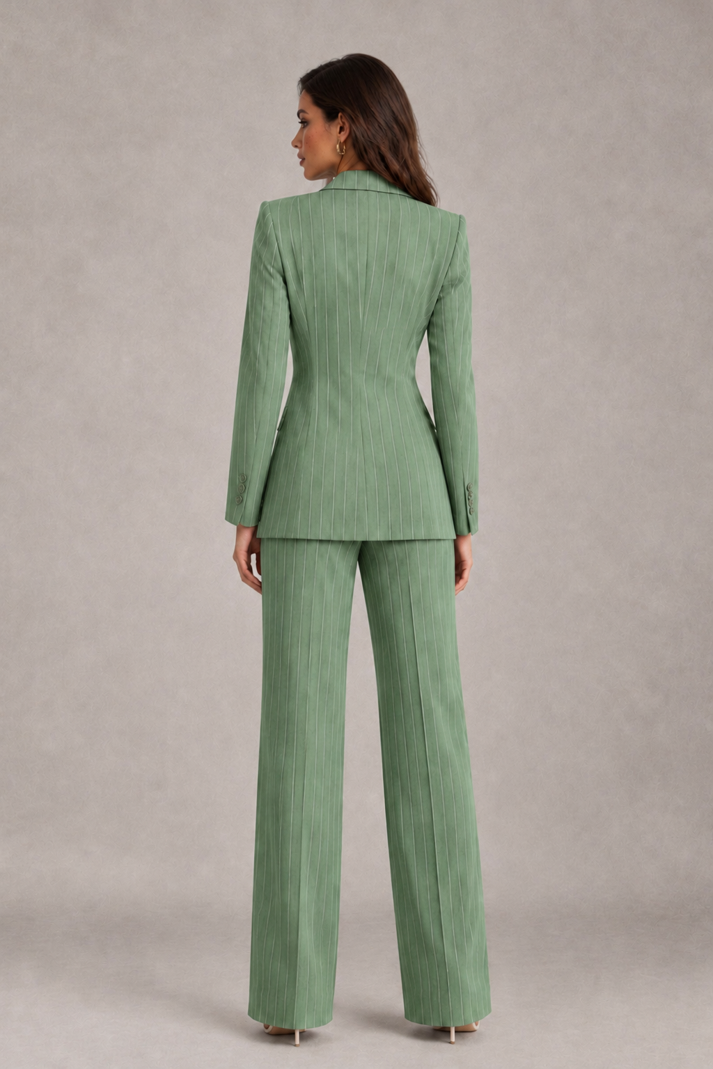 BOLODOO Women's Sage Green Pinstripe Three-Piece Pantsuit with Wide-Leg Trousers - Sage Green - Sage Green_02