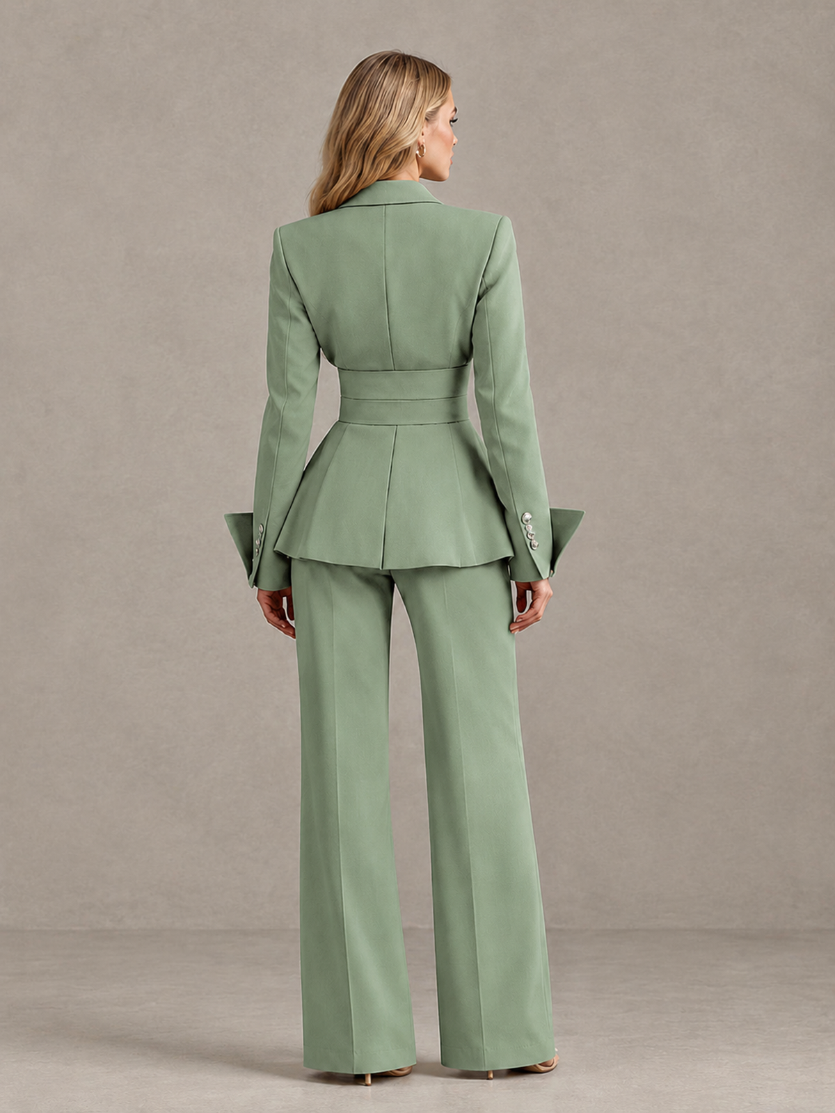 BOLODOO Sage Green Belted Peplum Pantsuit with Long Sleeves & Wide-Leg Trousers - Sage Green - Sage Green_02