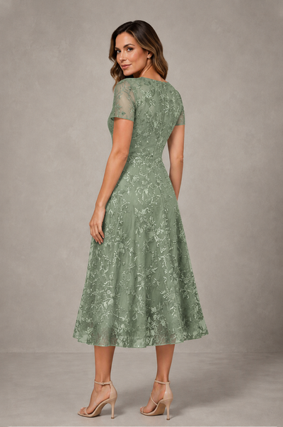 BOLODOO Sage Green Textured Floral A-Line Dress with Short Sleeves - Sage Green - Sage Green_02