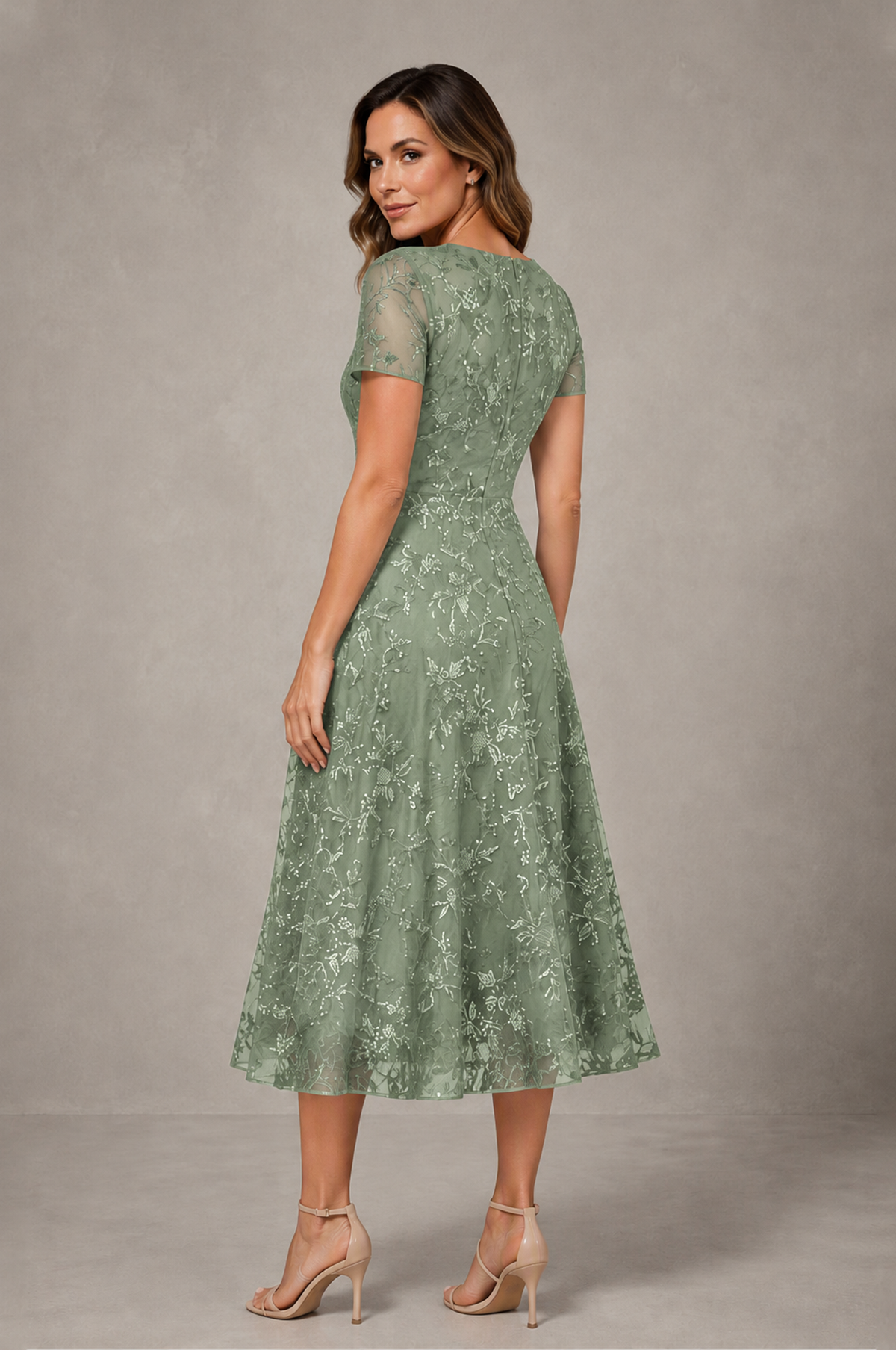 BOLODOO Sage Green Textured Floral A-Line Dress with Short Sleeves - Sage Green - Sage Green_02