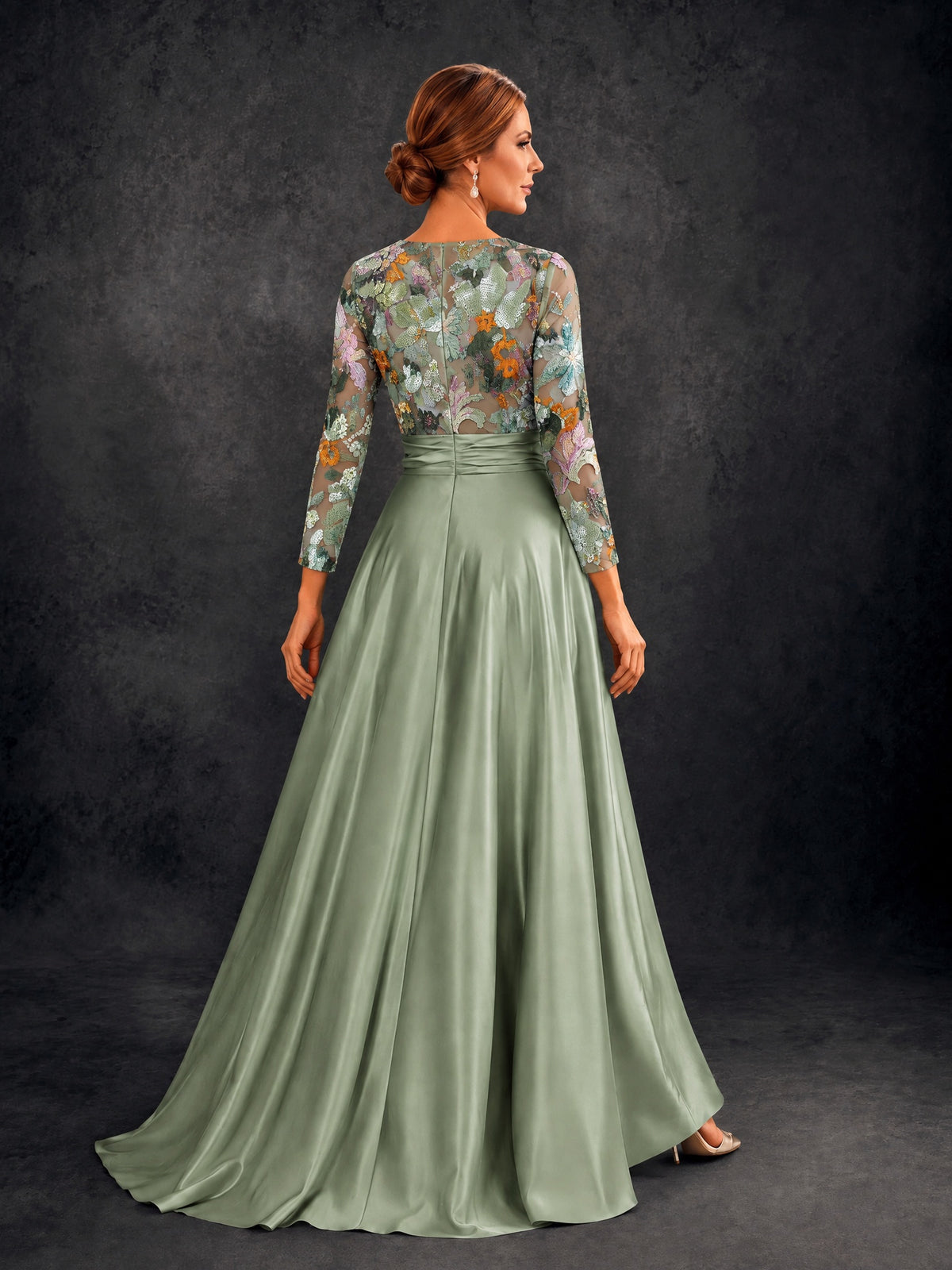 BOLODOO Sage Green 3/4 Sleeve Sequin Floral Illusion Bodice Satin A-Line Formal Gown - Sage Green - Sage Green_02