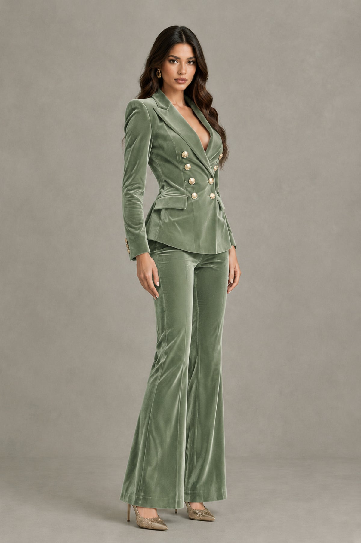 BOLODOO Sage Green Velvet Double-Breasted Blazer & Pants Two-Piece Suit - Sage Green - Sage Green_03