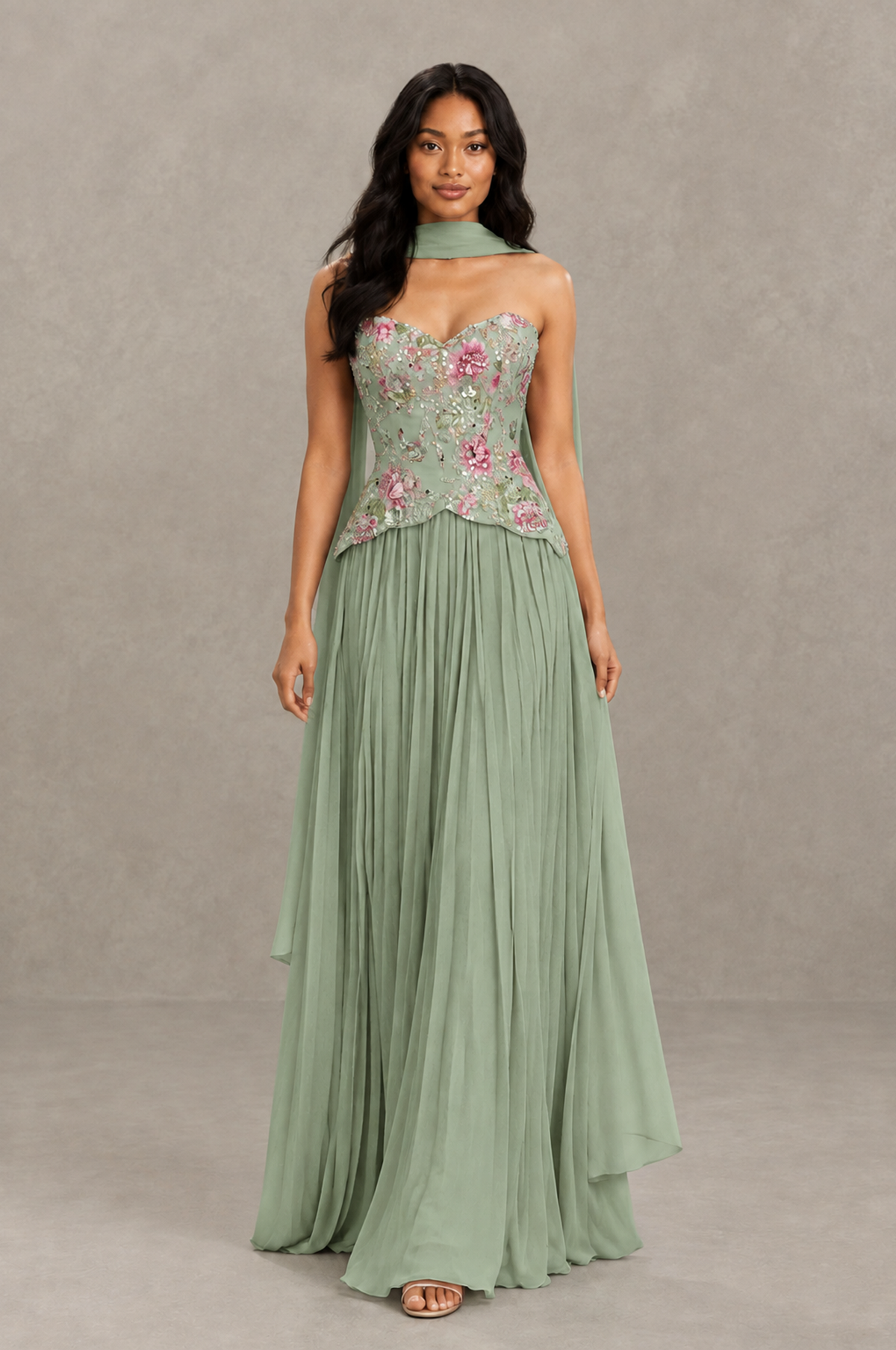 BOLODOO Sage Green Strapless Beaded Floral Corset Chiffon Maxi Gown – Open Back Prom & Formal Evening Dress - Sage Green - Sage Green_03