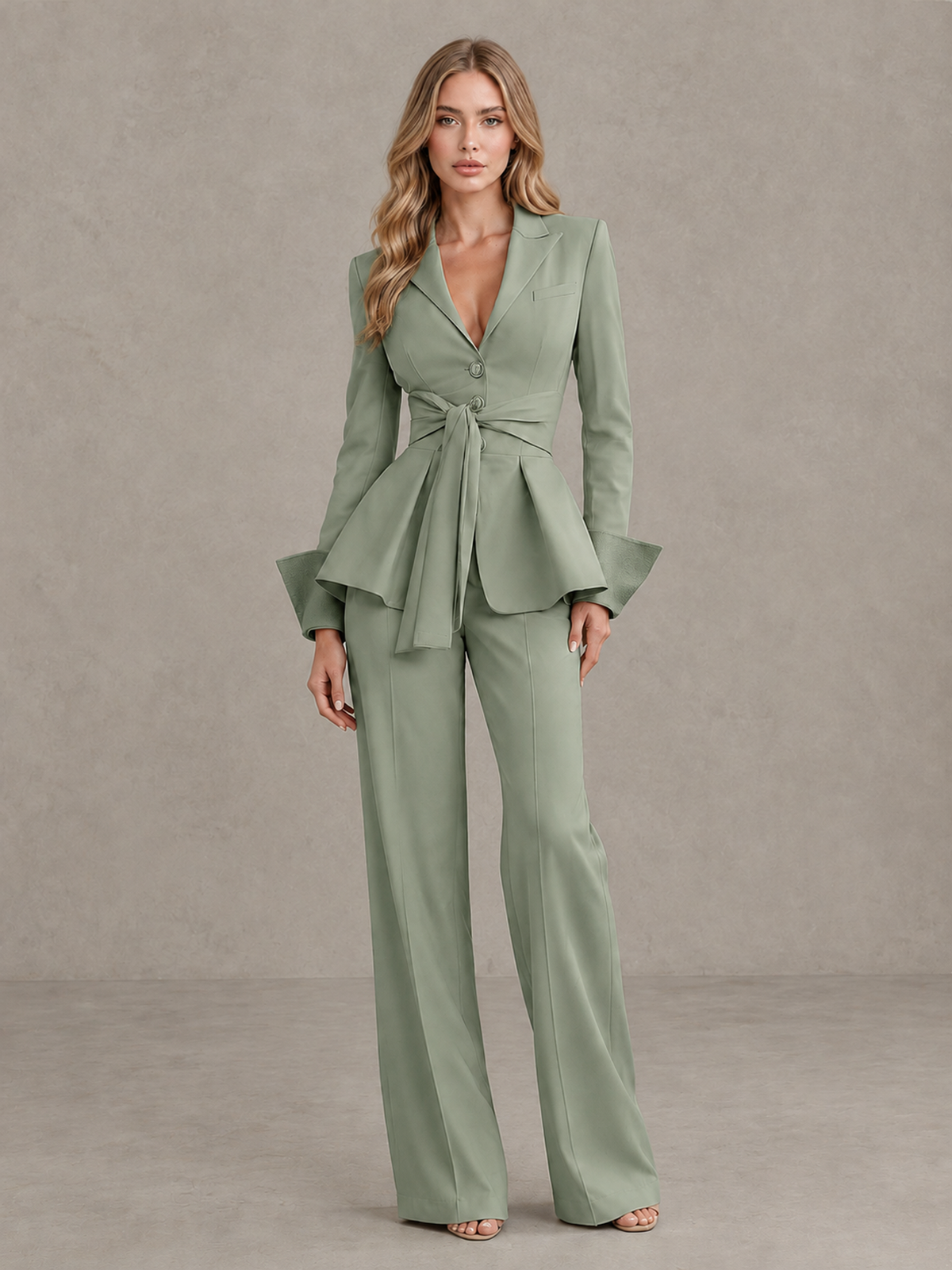BOLODOO Sage Green Belted Peplum Pantsuit with Long Sleeves & Wide-Leg Trousers - Sage Green - Sage Green_03