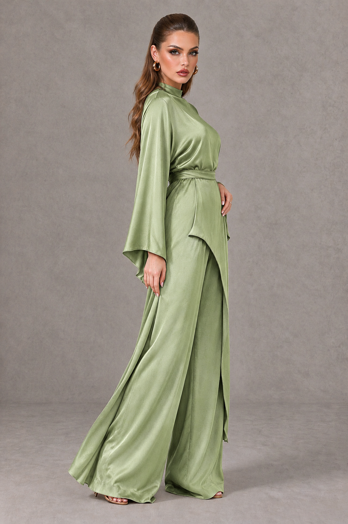 BOLODOO Sage Green Satin-Look Long Sleeve Wide-Leg Jumpsuit - Sage Green - Sage Green_03