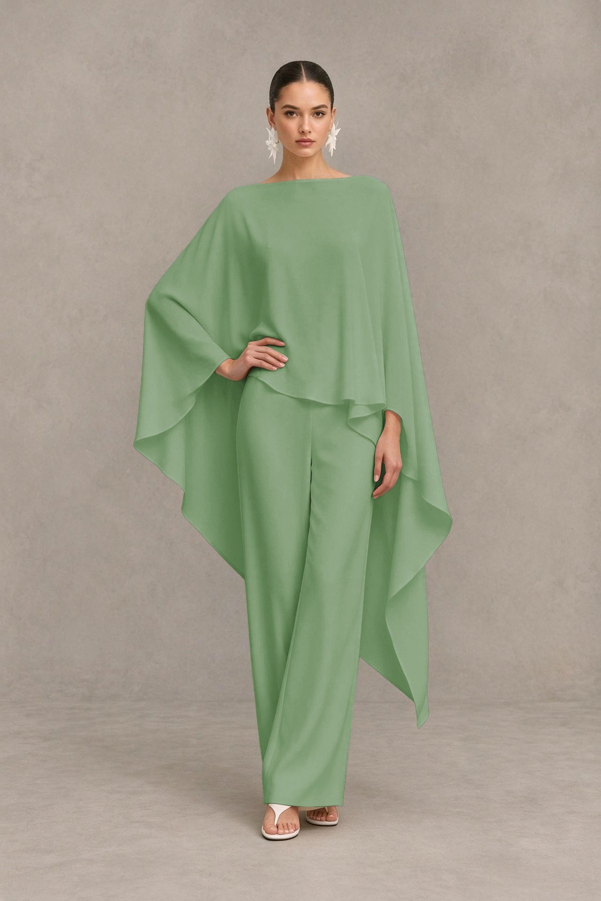 BOLODOO Sage Green Cape Sleeve Wide-Leg Formal Pantsuit - Sage Green - Sage Green_03