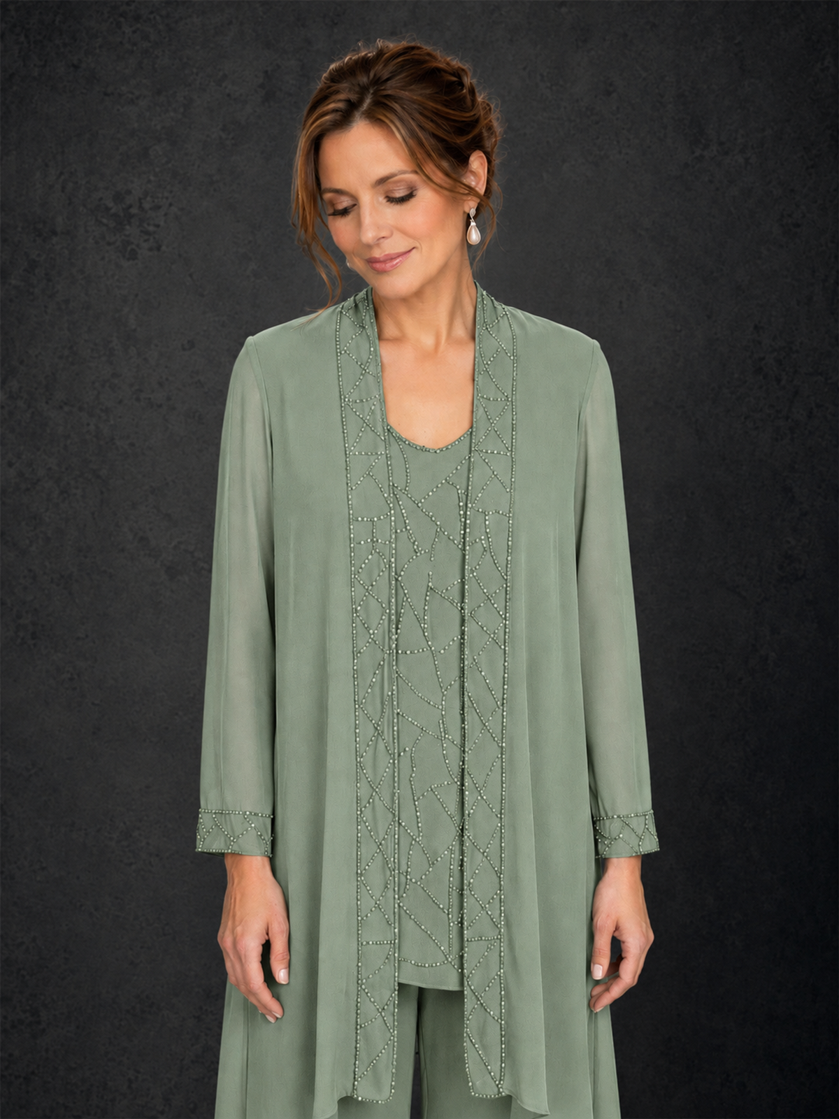 BOLODOO Sage Green 3-Piece Beaded Chiffon Duster Jacket Pant Suit - Sage Green - Sage Green_03