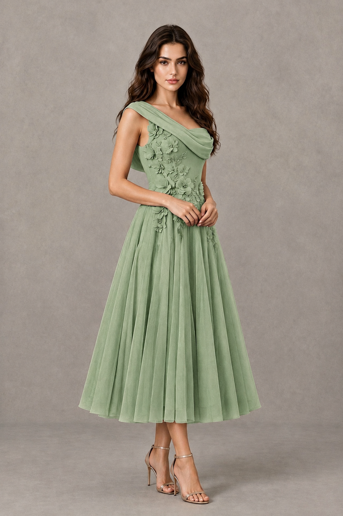 BOLODOO Sage Green One-Shoulder Floral Tulle Tea-Length Dress - Sage Green - Sage Green_03