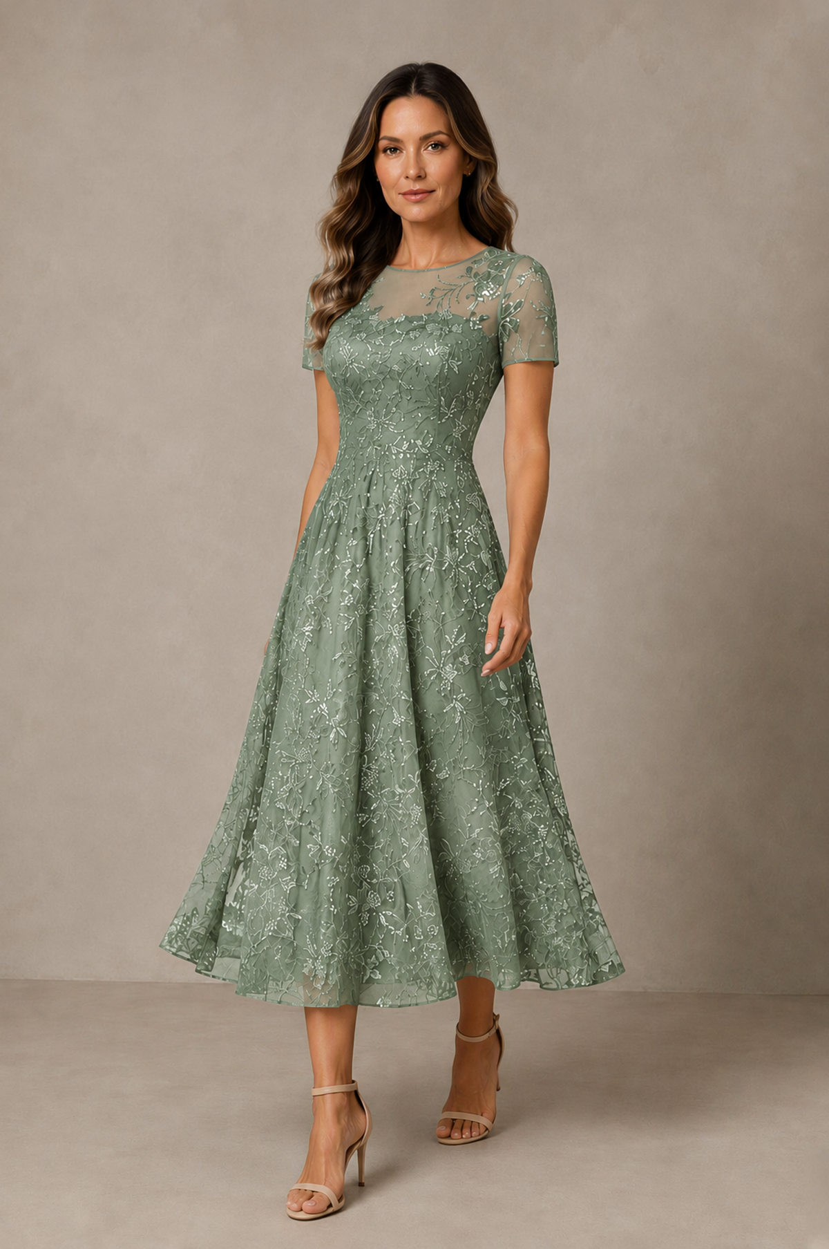 BOLODOO Sage Green Textured Floral A-Line Dress with Short Sleeves - Sage Green - Sage Green_03