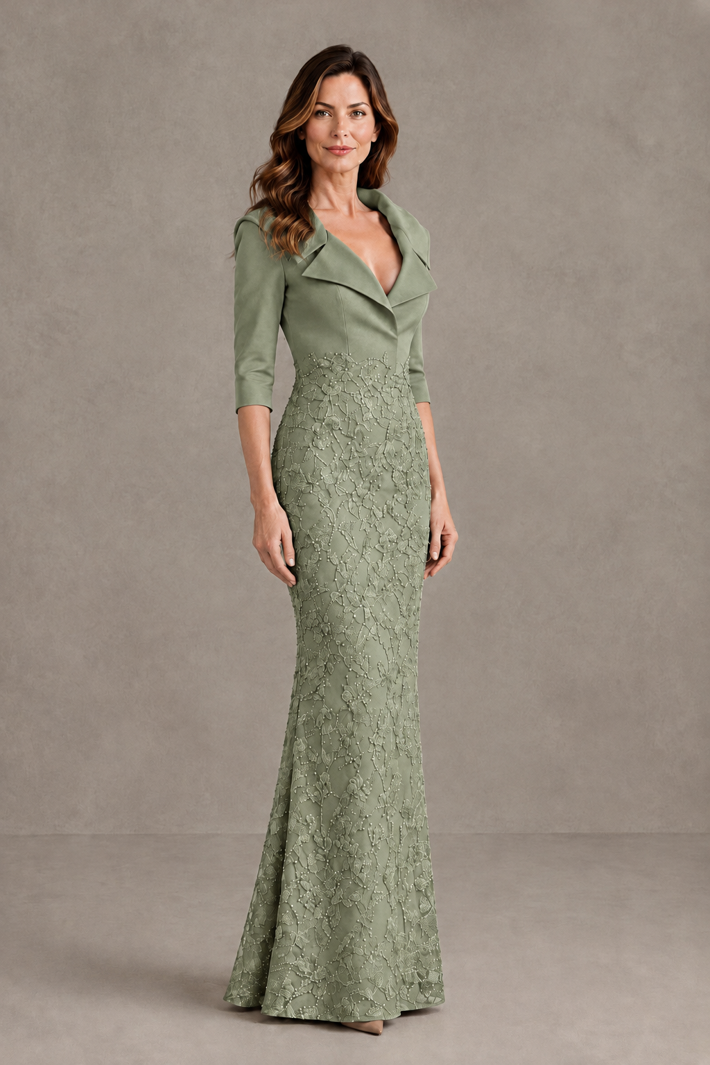BOLODOO Sage Green Three-Quarter Sleeve Mermaid Evening Dress with Floral Detail - Sage Green - Sage Green_03