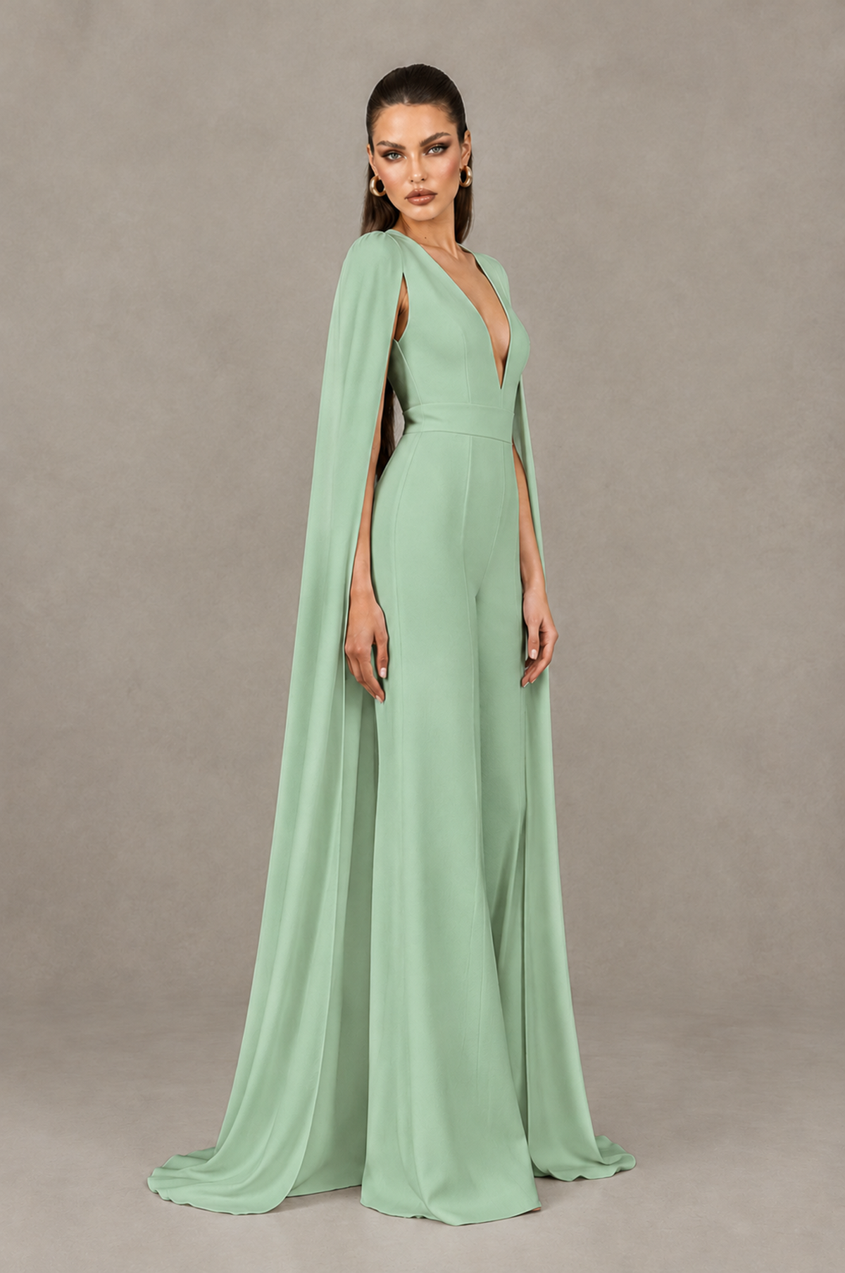 BOLODOO Sage Green Deep V-Neck Cape Sleeve Bridal Jumpsuit - Sage Green - Sage Green_03