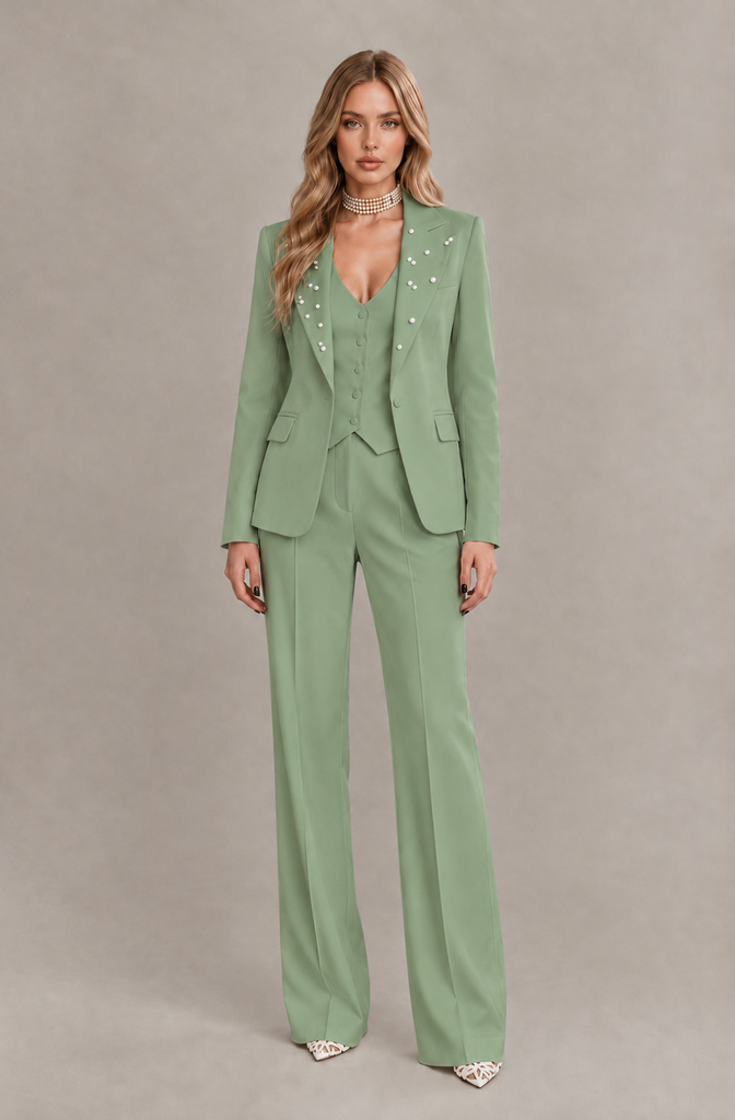 BOLODOO Sage Green Women's Three-Piece Pantsuit with Blazer & Vest - Sage Green - Sage Green_03