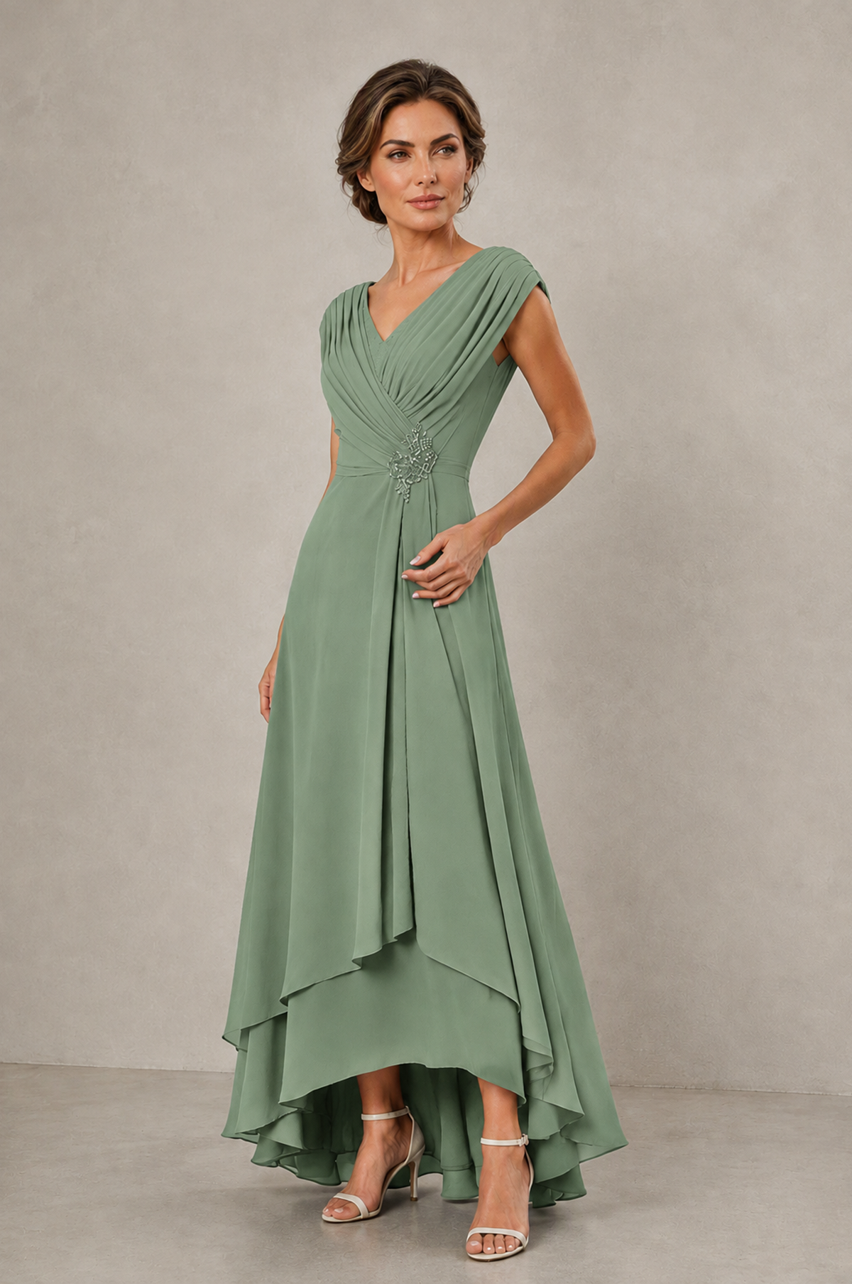 BOLODOO Sage Green V-Neck High-Low Mother of the Bride Dress - Sage Green - Sage Green_03