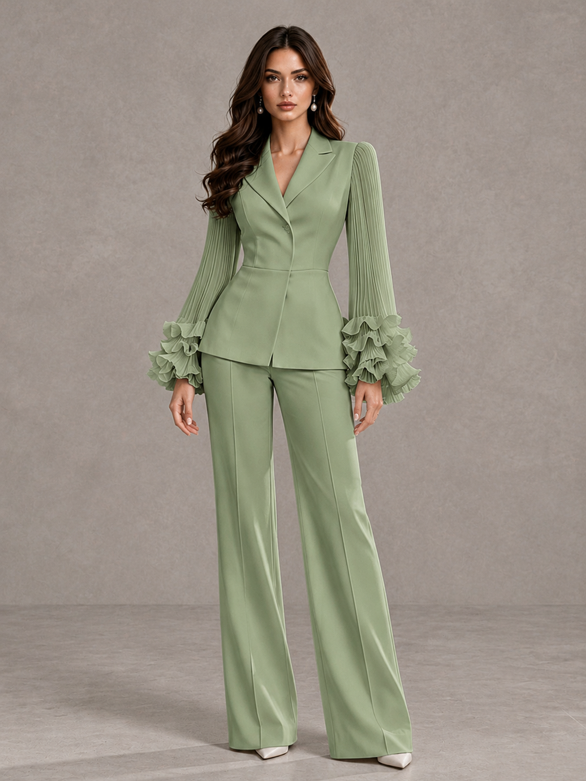 BOLODOO Sage Green Mother of the Bride Pant Suit – Pleated Long Sleeve Ruffle Cuff Wide Leg Trouser Suit - Sage Green - Sage Green_03