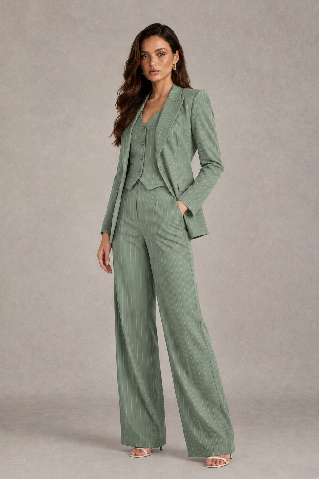 BOLODOO Women's Sage Green Pinstripe Three-Piece Pantsuit with Wide-Leg Trousers - Sage Green - Sage Green_03