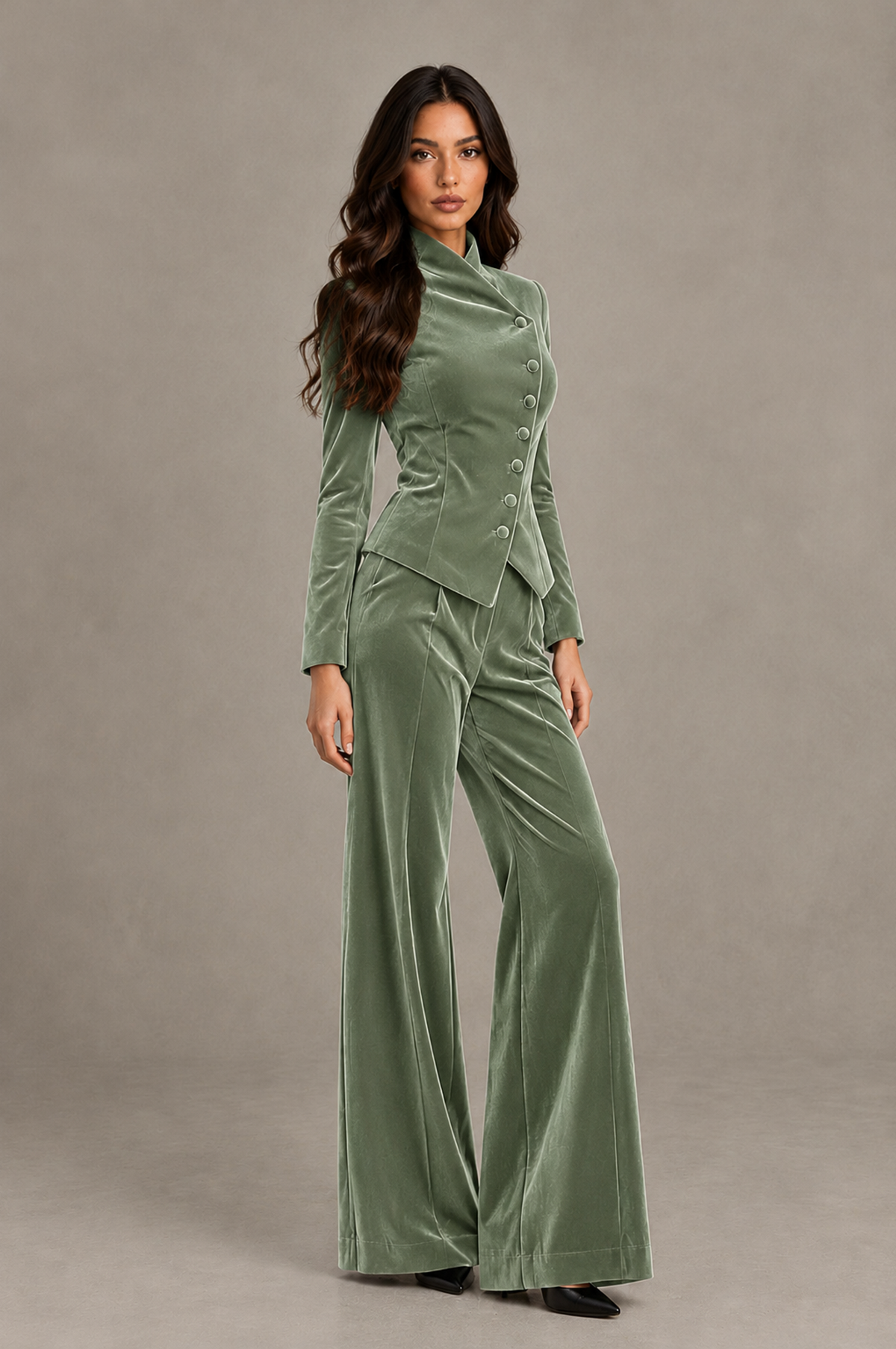 BOLODOO Sage Green Velvet Two-Piece Pantsuit with Long Sleeve Blazer & Wide-Leg Trousers - Sage Green - Sage Green_03