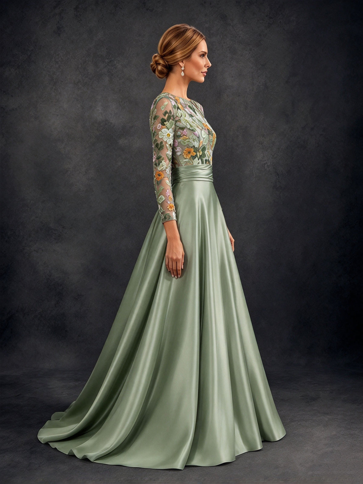BOLODOO Sage Green 3/4 Sleeve Sequin Floral Illusion Bodice Satin A-Line Formal Gown - Sage Green - Sage Green_03