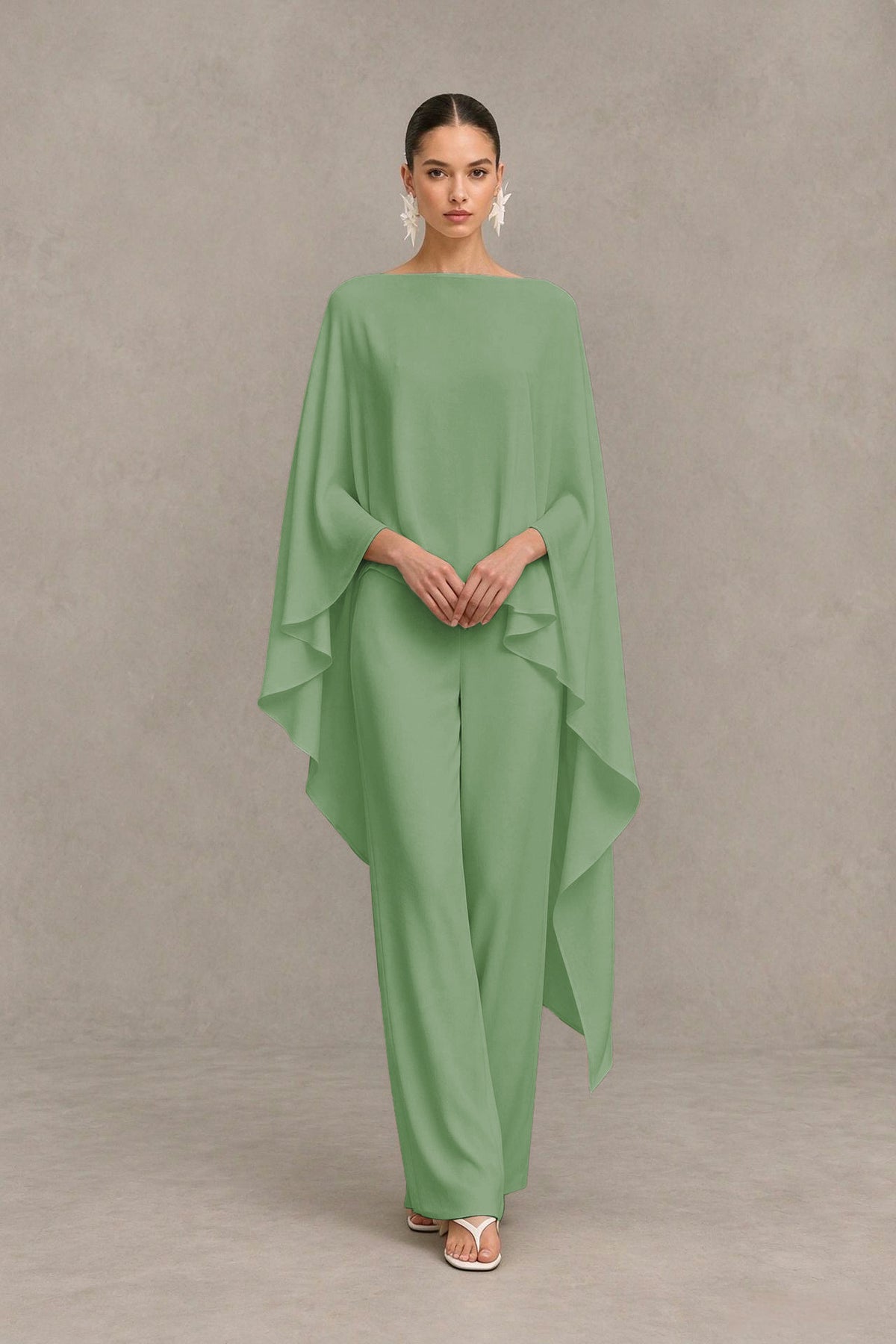 BOLODOO Sage Green Cape Sleeve Wide-Leg Formal Pantsuit - Sage Green - Sage Green_04