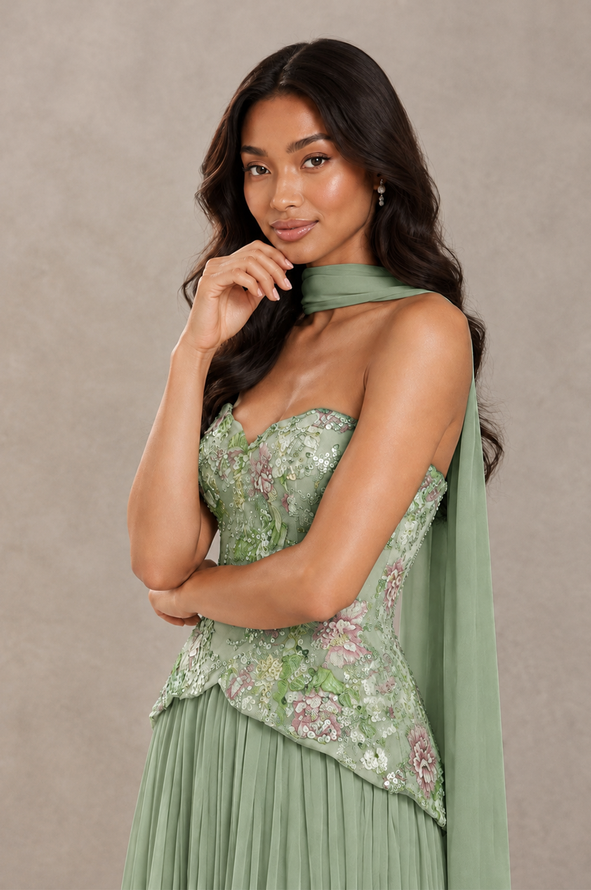 BOLODOO Sage Green Strapless Beaded Floral Corset Chiffon Maxi Gown – Open Back Prom & Formal Evening Dress - Sage Green - Sage Green_04