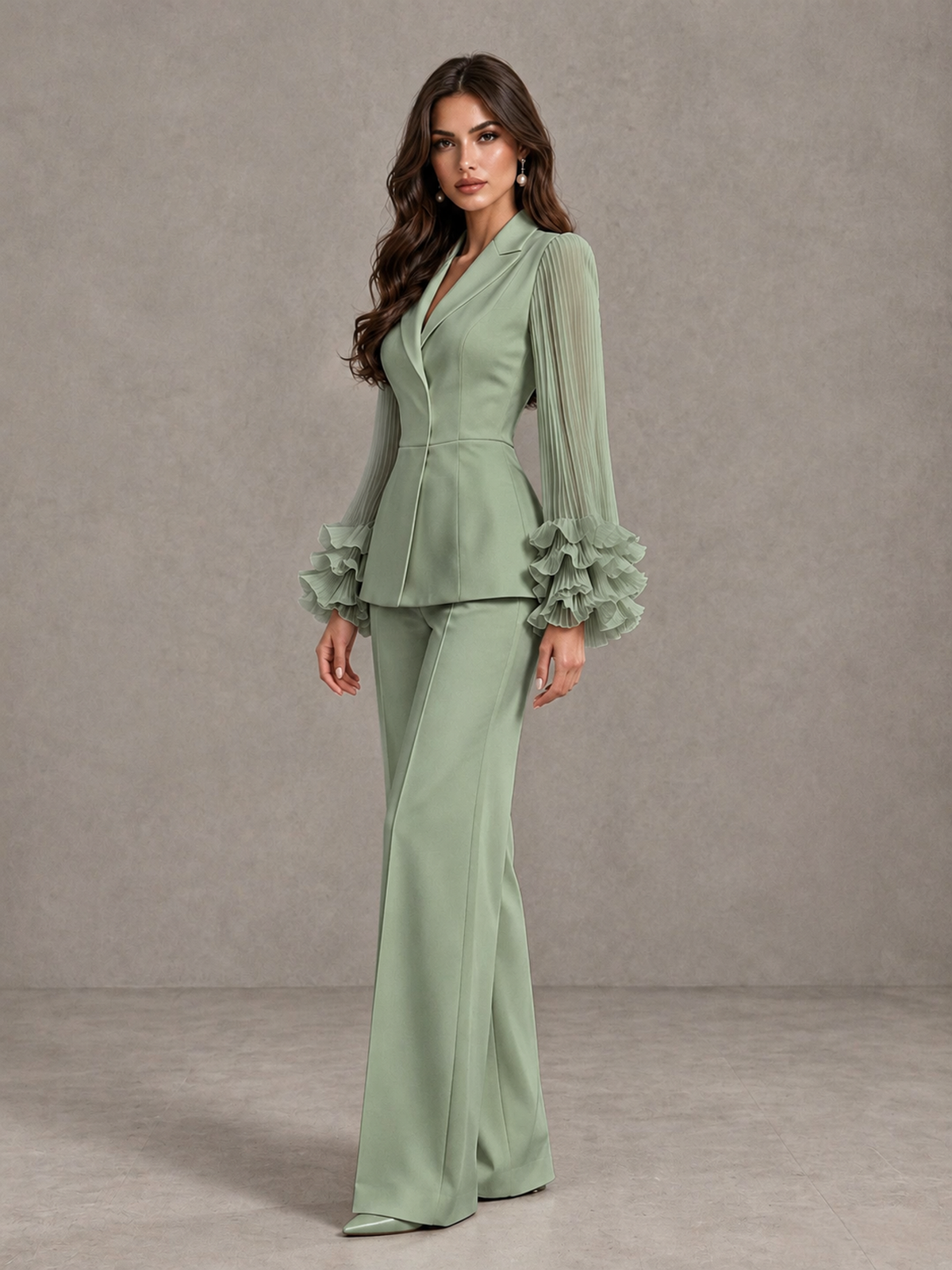 BOLODOO Sage Green Mother of the Bride Pant Suit – Pleated Long Sleeve Ruffle Cuff Wide Leg Trouser Suit - Sage Green - Sage Green_04