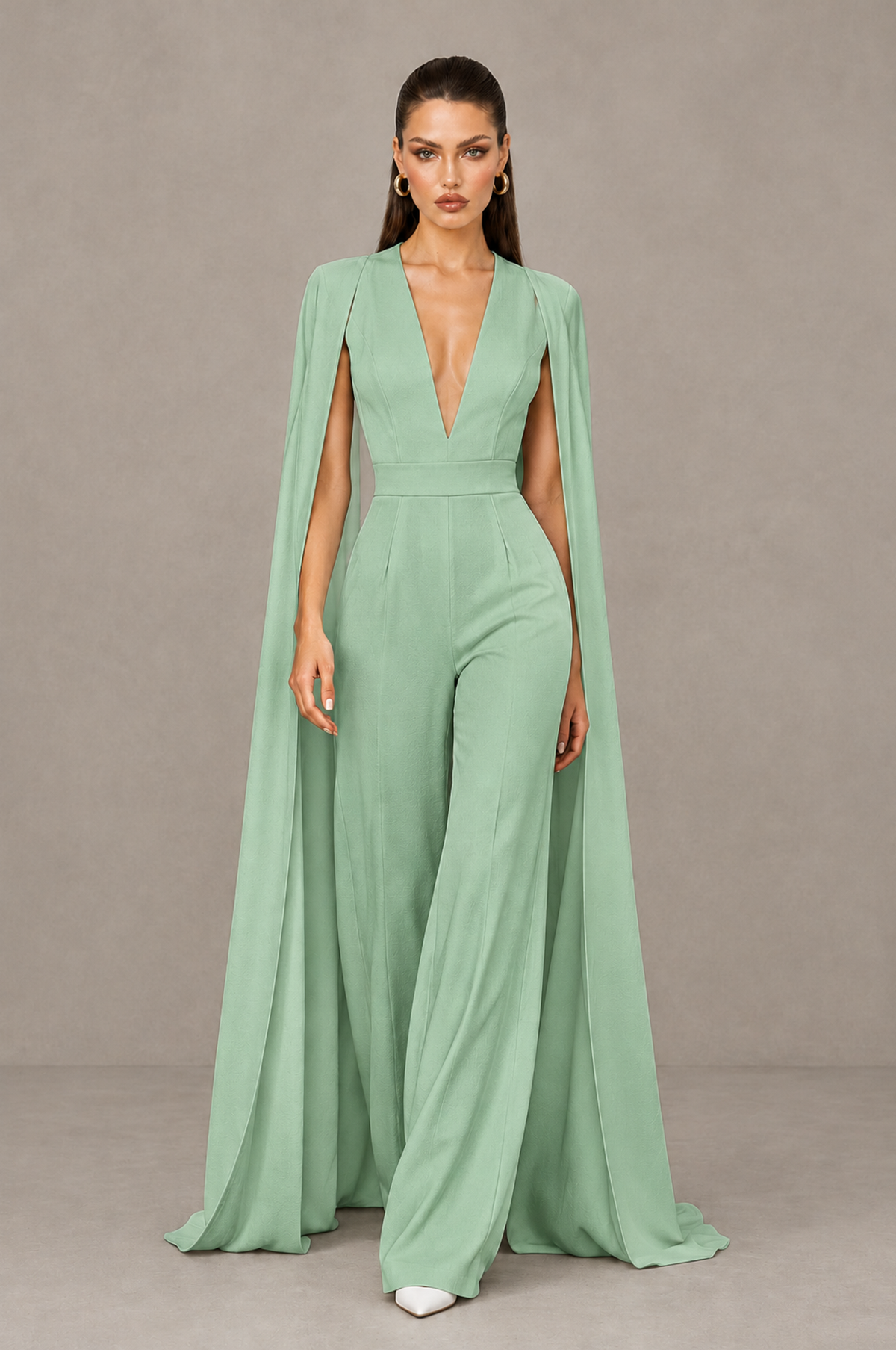 BOLODOO Sage Green Deep V-Neck Cape Sleeve Bridal Jumpsuit - Sage Green - Sage Green_04