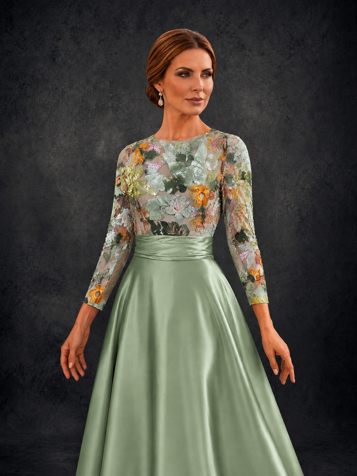 BOLODOO Sage Green 3/4 Sleeve Sequin Floral Illusion Bodice Satin A-Line Formal Gown - Sage Green - Sage Green_04
