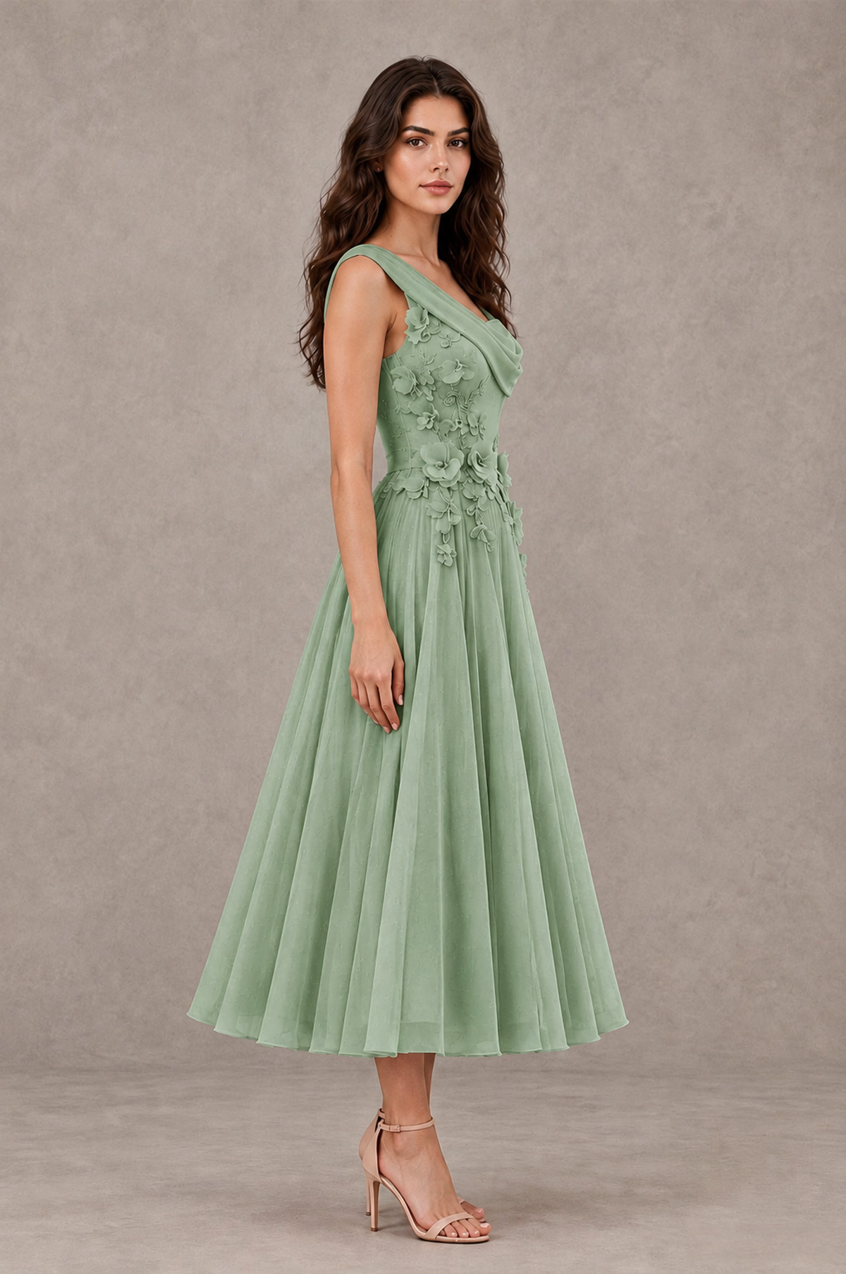 BOLODOO Sage Green One-Shoulder Floral Tulle Tea-Length Dress - Sage Green - Sage Green_04