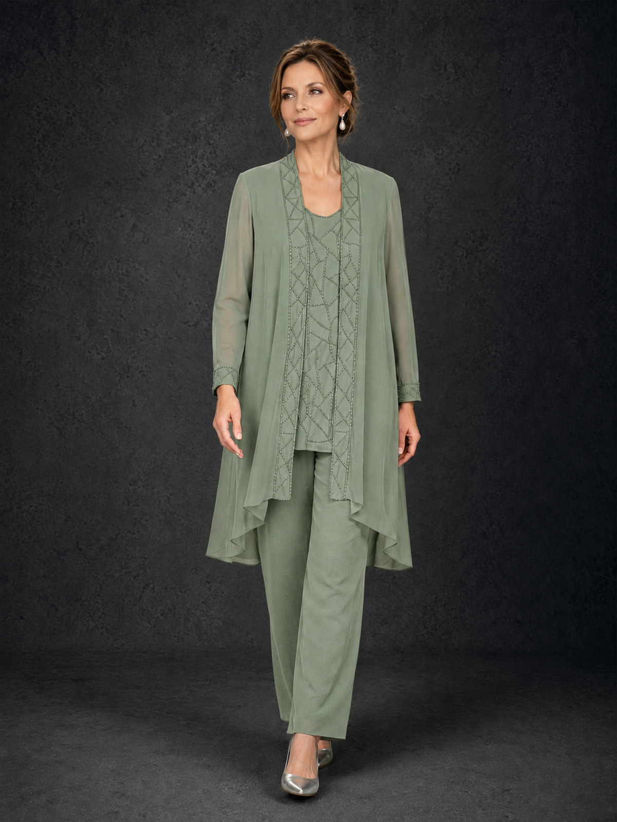 BOLODOO Sage Green 3-Piece Beaded Chiffon Duster Jacket Pant Suit - Sage Green - Sage Green_04