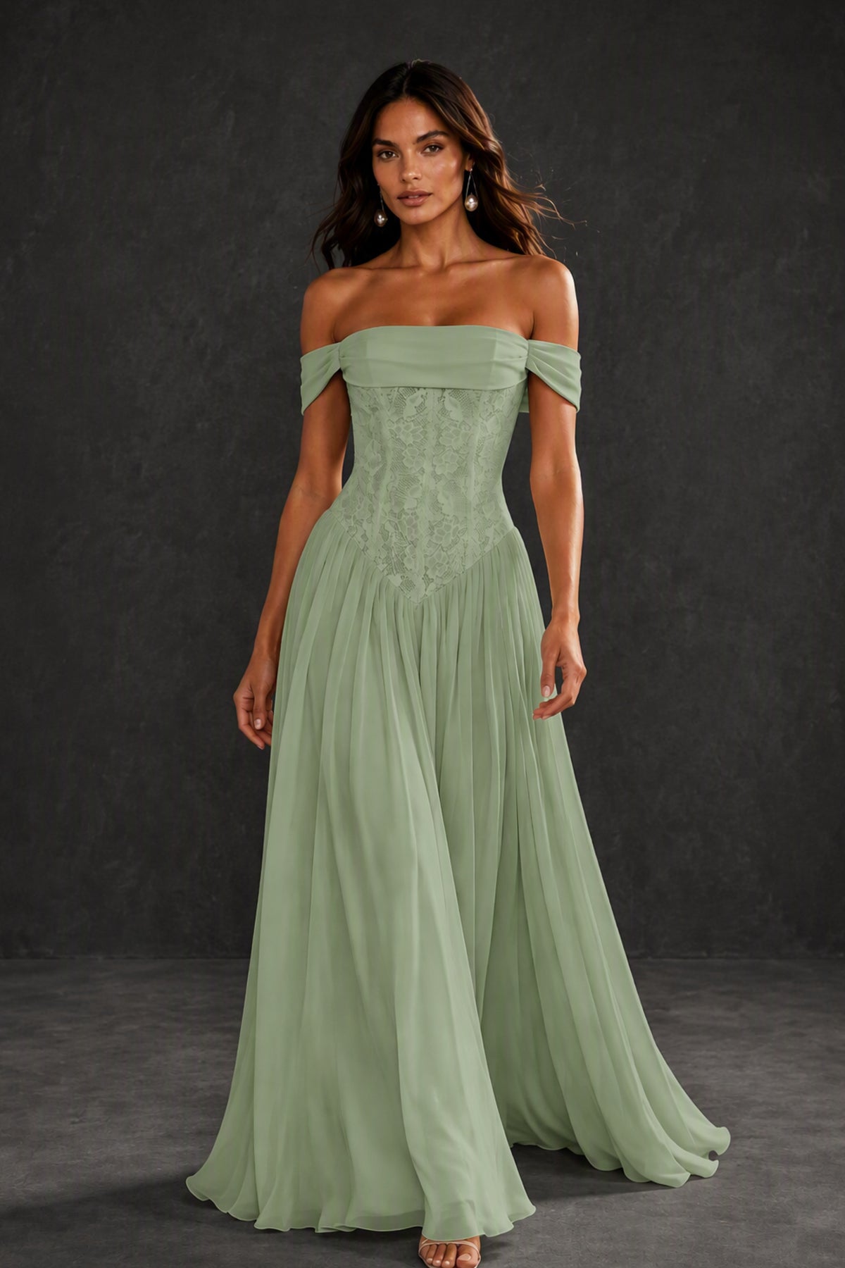 BOLODOO Sage Green Off-Shoulder Lace Corset Tulle Maxi Dress - Sage Green