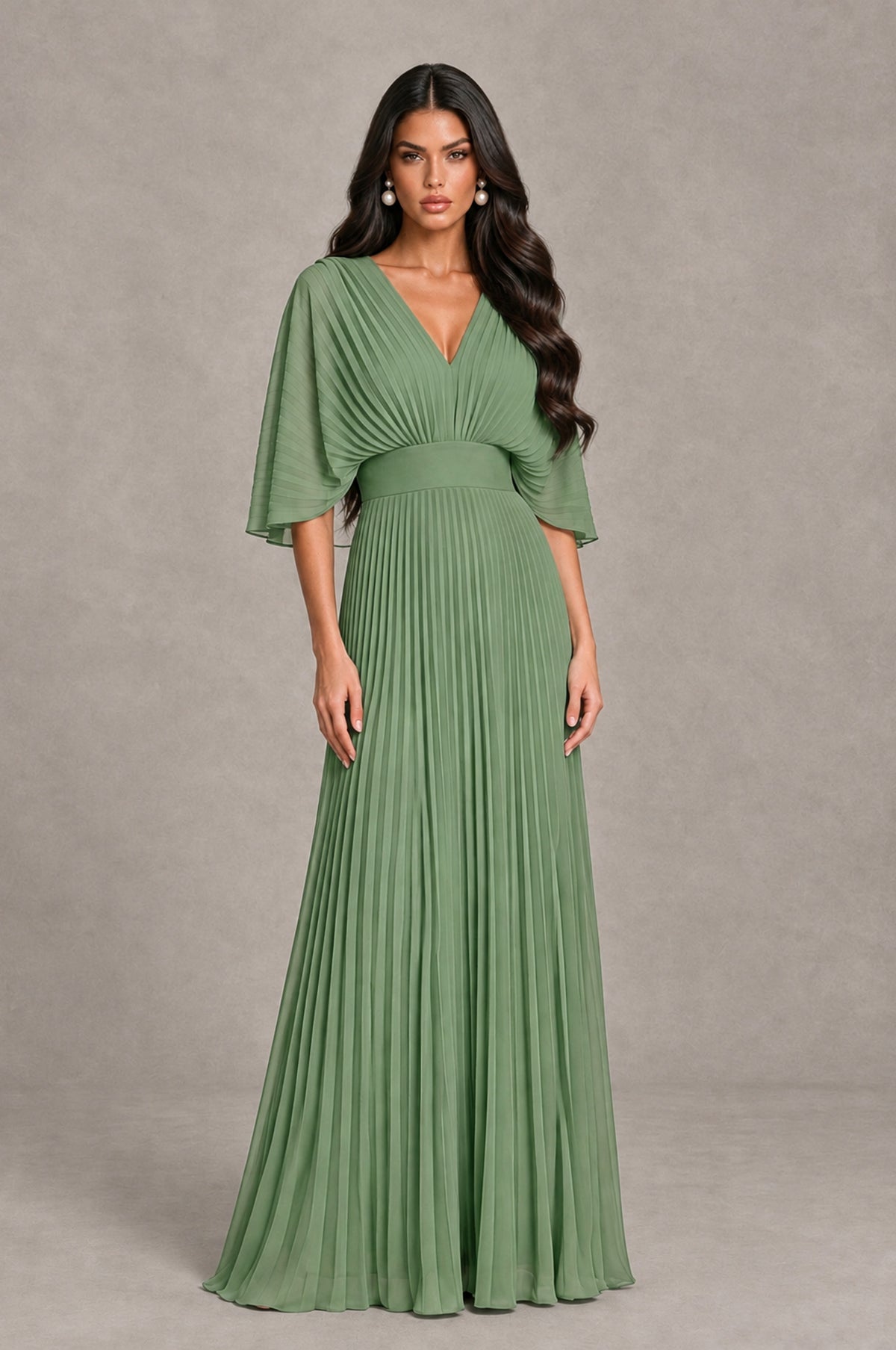BOLODOO Sage Green V-Neck Pleated Flutter Sleeve Formal Dress - Sage Green - Sage Green_1