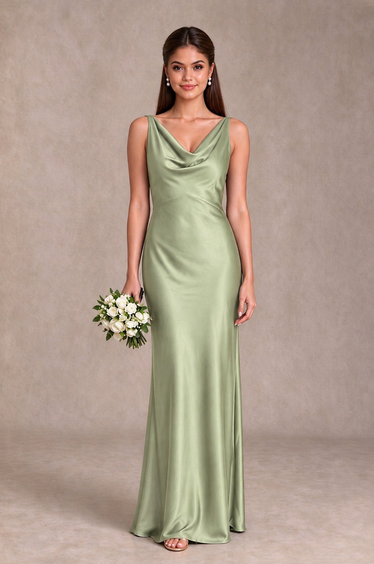 BOLODOO Sage Green Cowl Neck Open Back Satin Bridesmaid Dress - Sage Green - Sage Green_1
