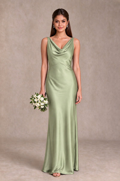 BOLODOO Sage Green Cowl Neck Open Back Satin Bridesmaid Dress - Sage Green - Sage Green_1