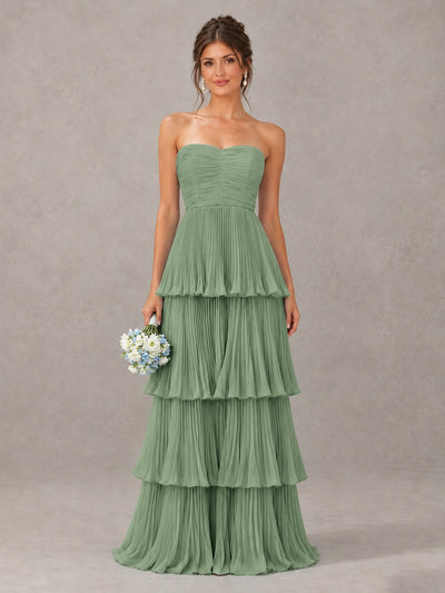 BOLODOO Sage Green Strapless Tiered Pleated Bridesmaid Dress - Sage Green - Sage Green_1